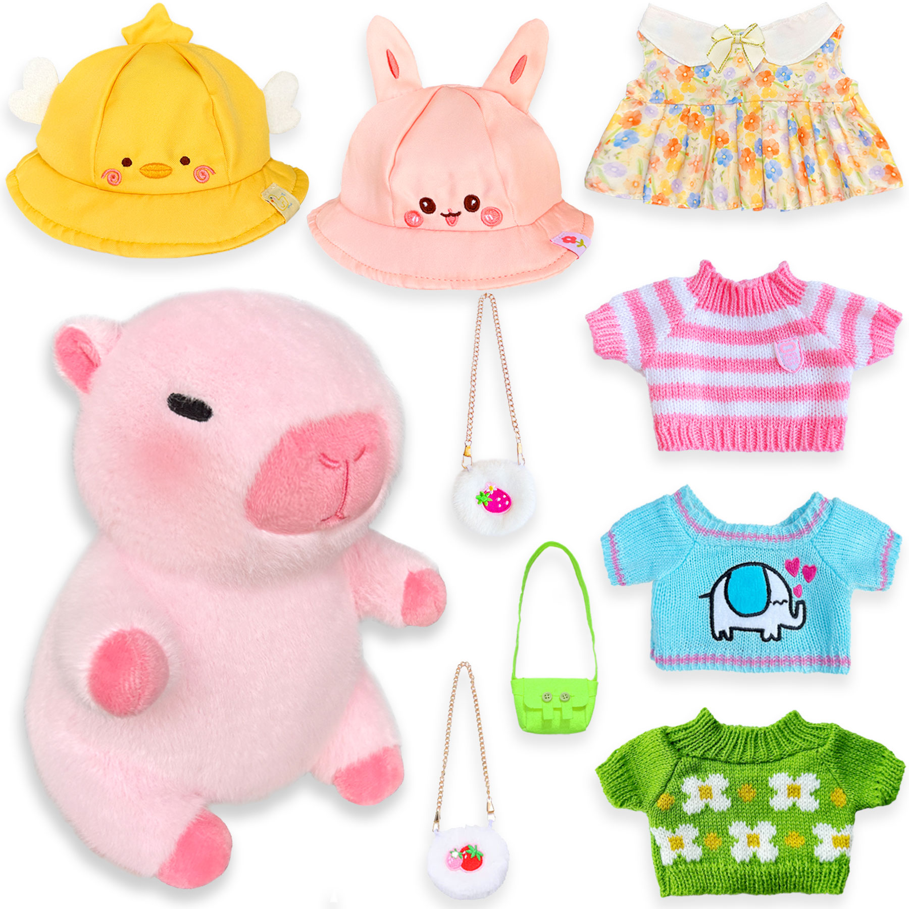 Capybara Plush with 9 Clothes & Accessories, 10.2 in Dress Up Capybara Stuffed Animal, Cute Plush Toy Gift for Kids, Birthday, Graduation Gifts, Classroom Prizes