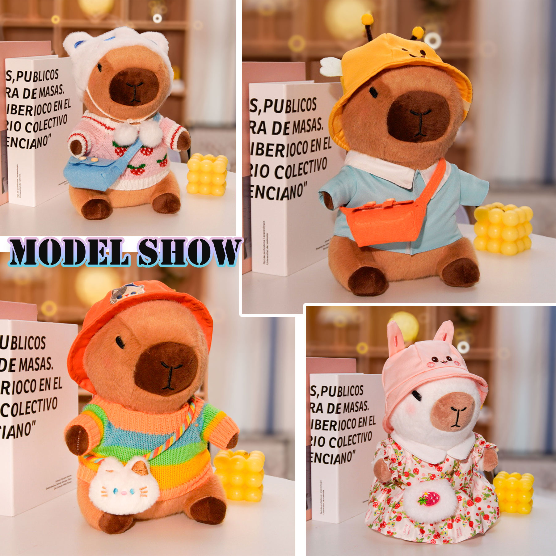 Capybara Plush Clothes & Accessories Set for 12 in Stuffed Animal, Dress Up Outfit Set with Hats, Sweaters, Dresses and Bags, Cowboy or Bee Style Plush Toy Clothes