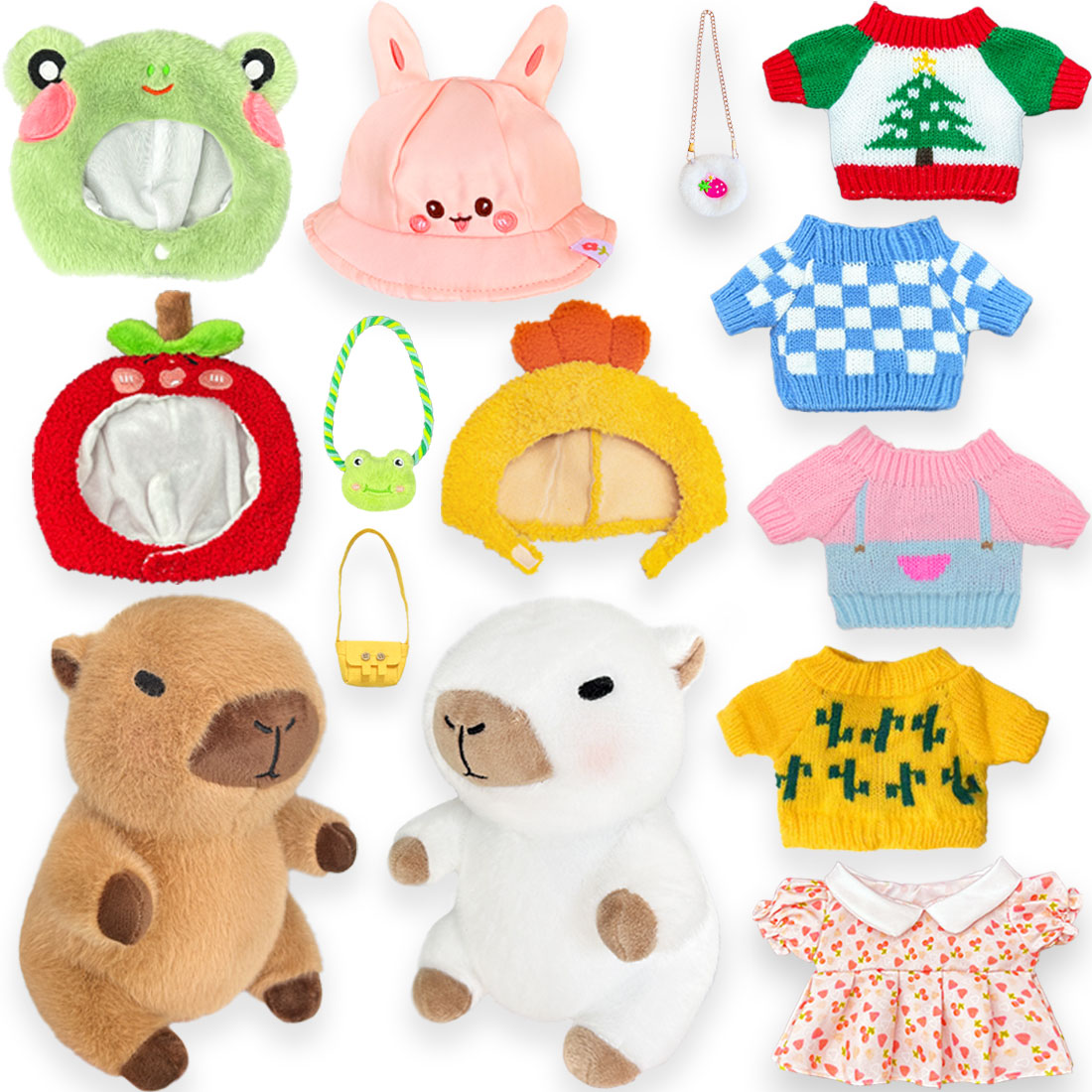KUMANEKO Capybara Plush Set with 13 Dress Up Accessories, 2 Pack 25cm Capybara Stuffed Animals with Mini Clothes, Hats and Bags, Cute Plush Toy Gift