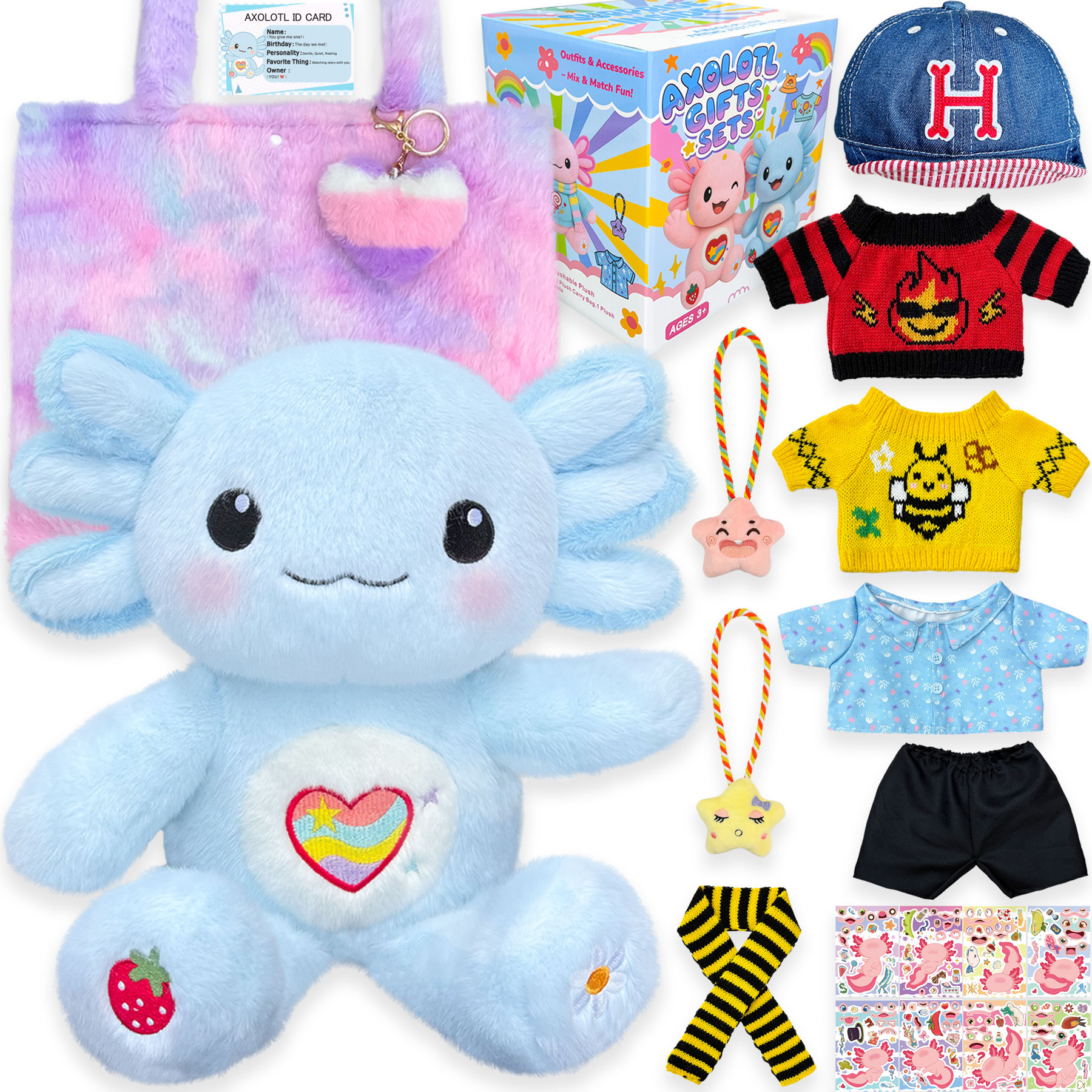 KUMANEKO Cute Axolotl Plush Gift Set with 12 Pcs Axolotl Stuffed Animal Clothes & Accessories, 13-Inch Axolotl Toy, Birthday/Graduation Gifts for 3/4/5/6/7/8/9/10/11/12 Girls Kids