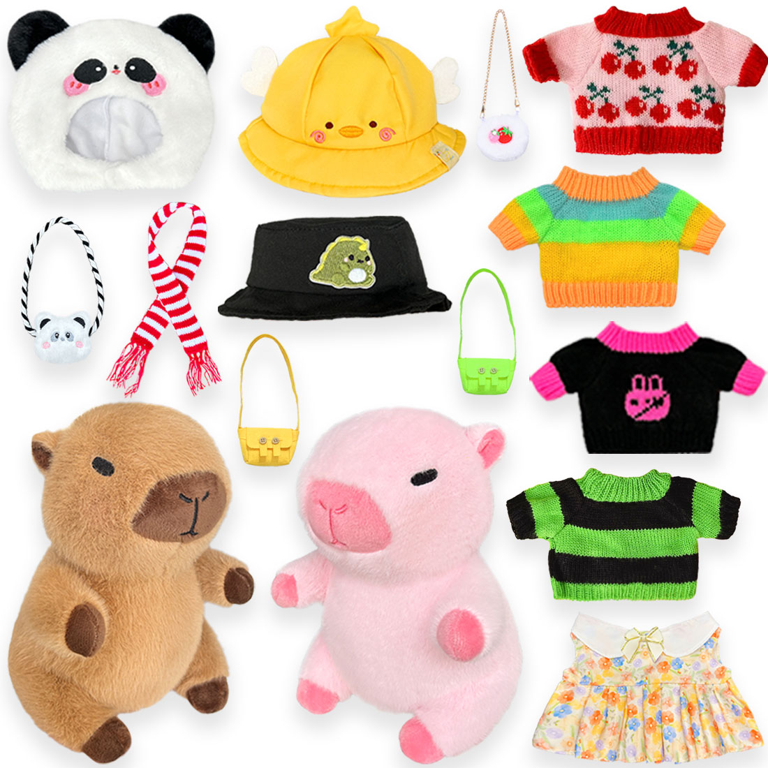 KUMANEKO Capybara Plush Set with 13 Dress Up Accessories, 2 Pack 25cm Capybara Stuffed Animals with Mini Clothes, Hats and Bags, Cute Plush Toy Gift