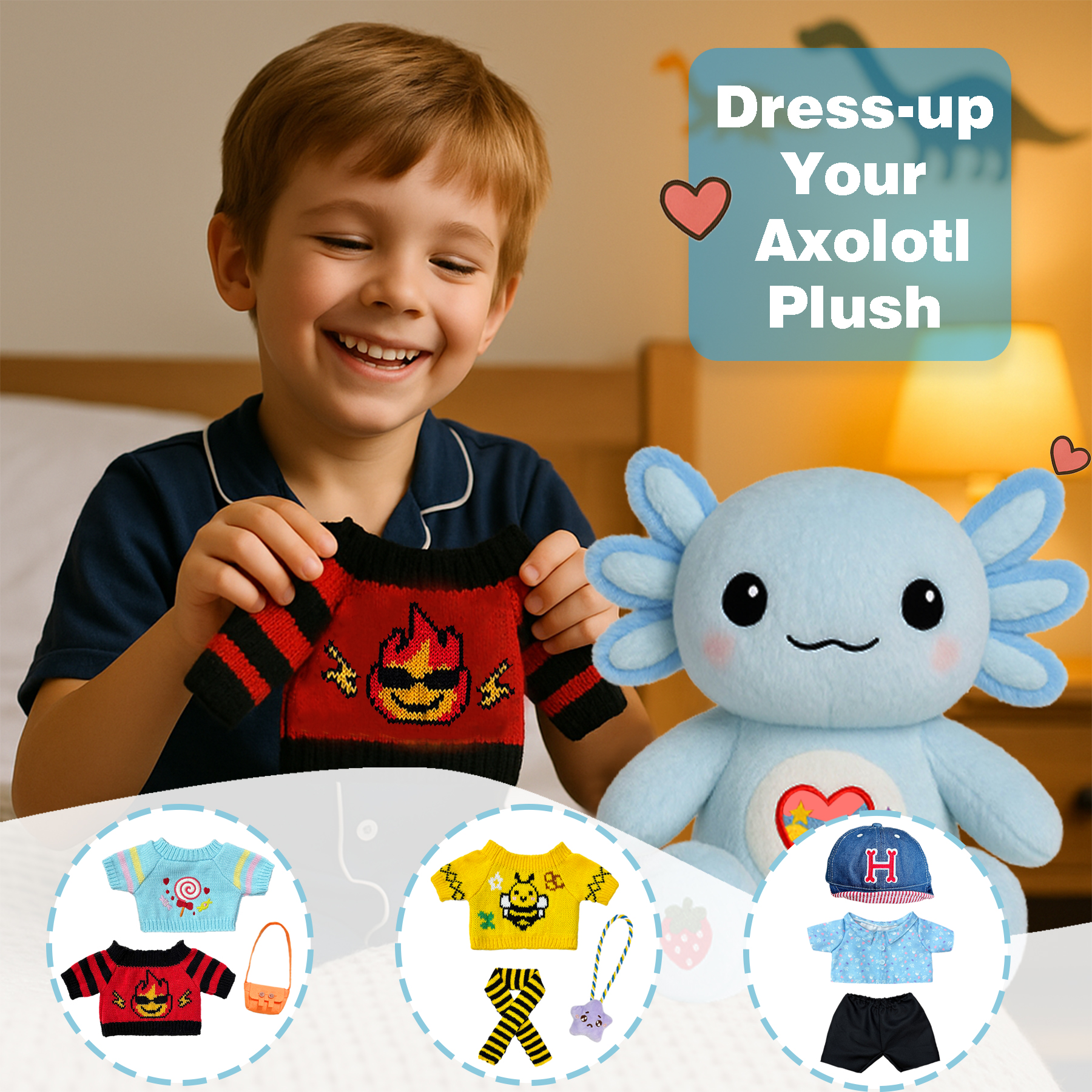 KUMANEKO Axolotl Plush with 9 Pcs Clothes and Accessories, Dress Up Stuffed Animal Plush Toy, Pink or Blue Axolotl Gift for Girls Ages 3 to 12