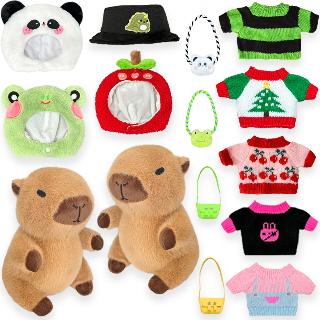 KUMANEKO Capybara Plush Set with 13 Dress Up Accessories, 2 Pack 25cm Capybara Stuffed Animals with Mini Clothes, Hats and Bags, Cute Plush Toy Gift