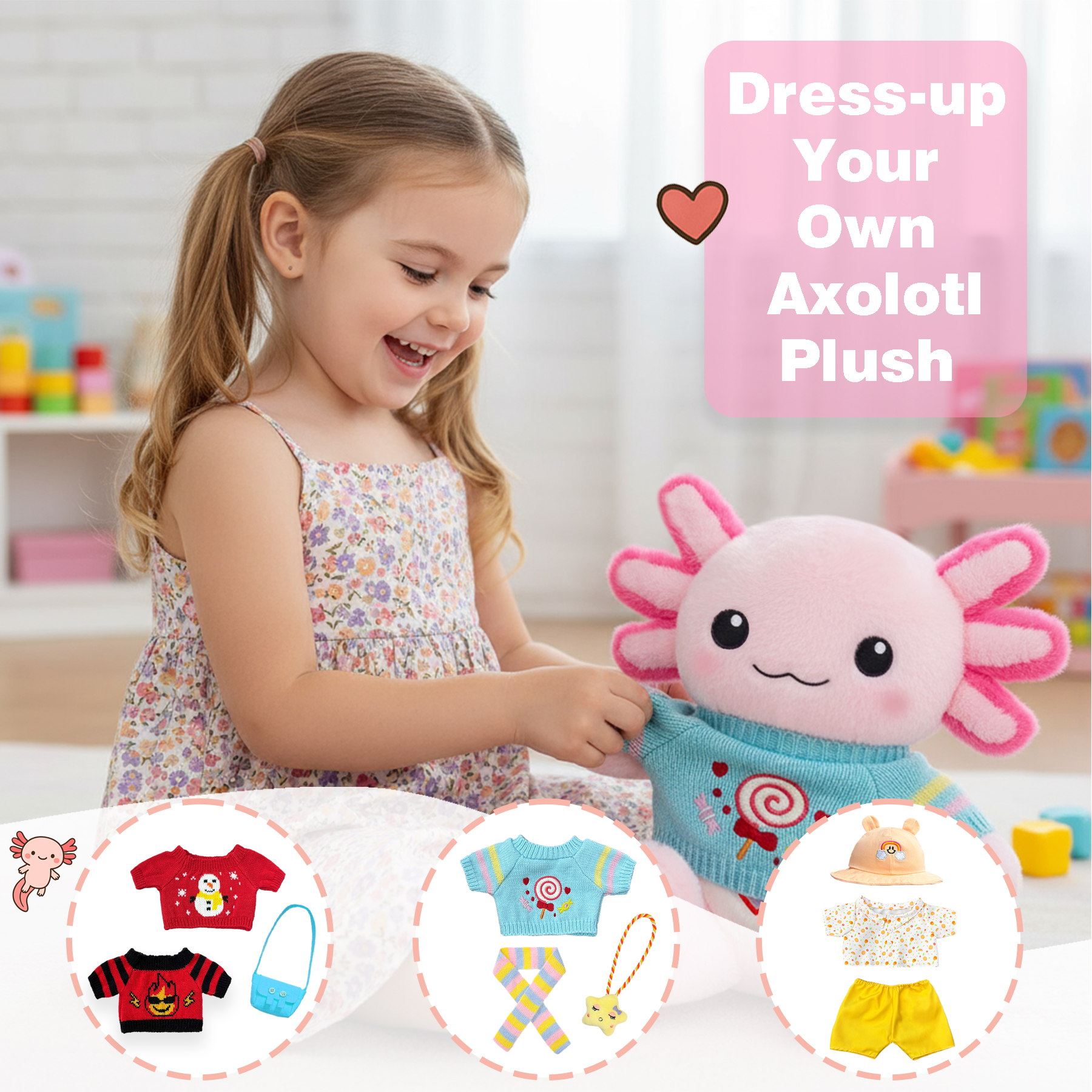 KUMANEKO Axolotl Plush with 9 Pcs Clothes and Accessories, Dress Up Stuffed Animal Plush Toy, Pink or Blue Axolotl Gift for Girls Ages 3 to 12