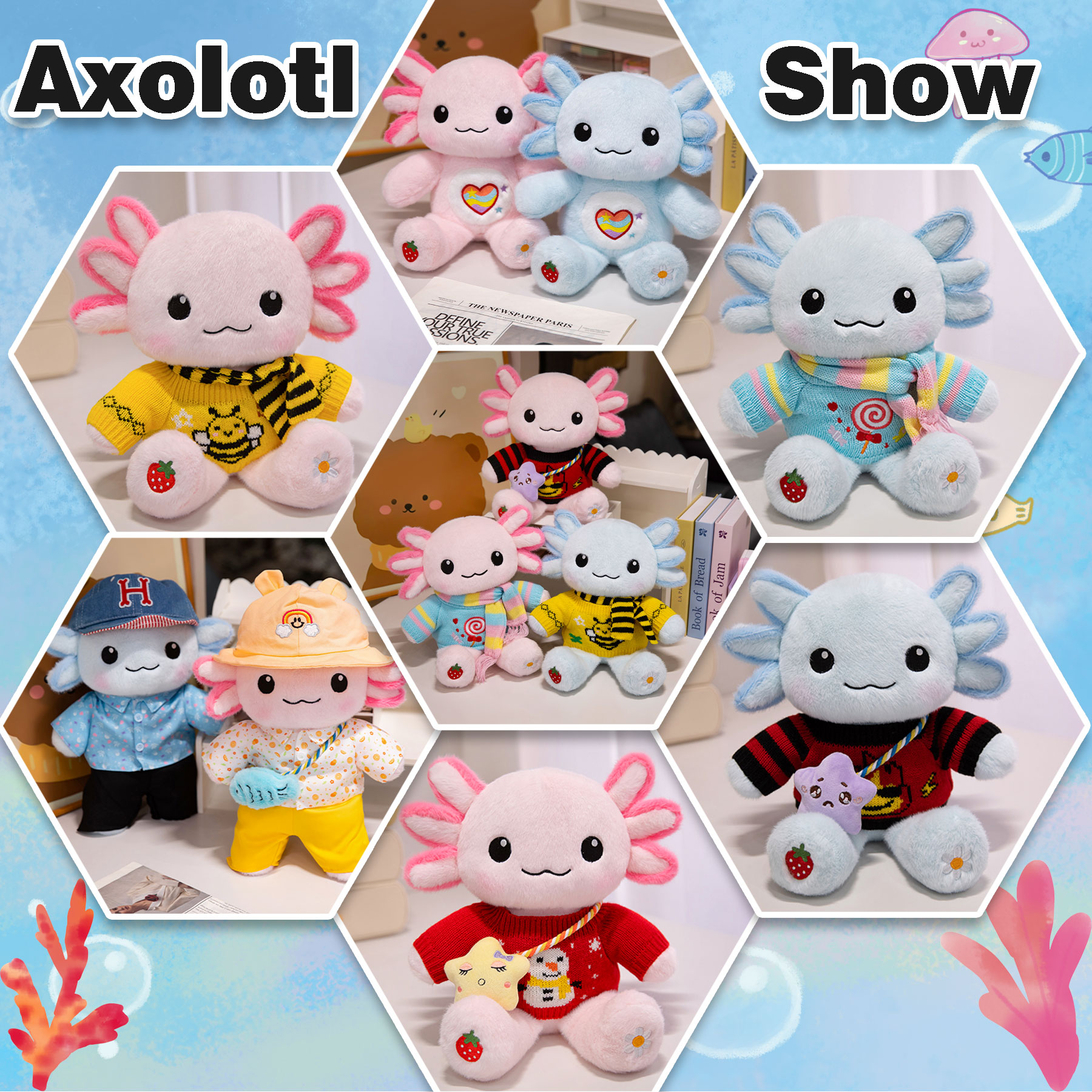 KUMANEKO Axolotl Plush with 9 Pcs Clothes and Accessories, Dress Up Stuffed Animal Plush Toy, Pink or Blue Axolotl Gift for Girls Ages 3 to 12