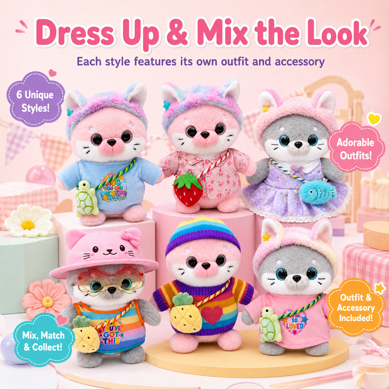 25cm Dress-Up Seal Plush Toy with Removable Clothes and Bags, 6 Styles Stuffed Animal with Hats, Sweaters, Dresses and Accessories, Cute Plush Gift for Birthday, Christmas and Room Decor
