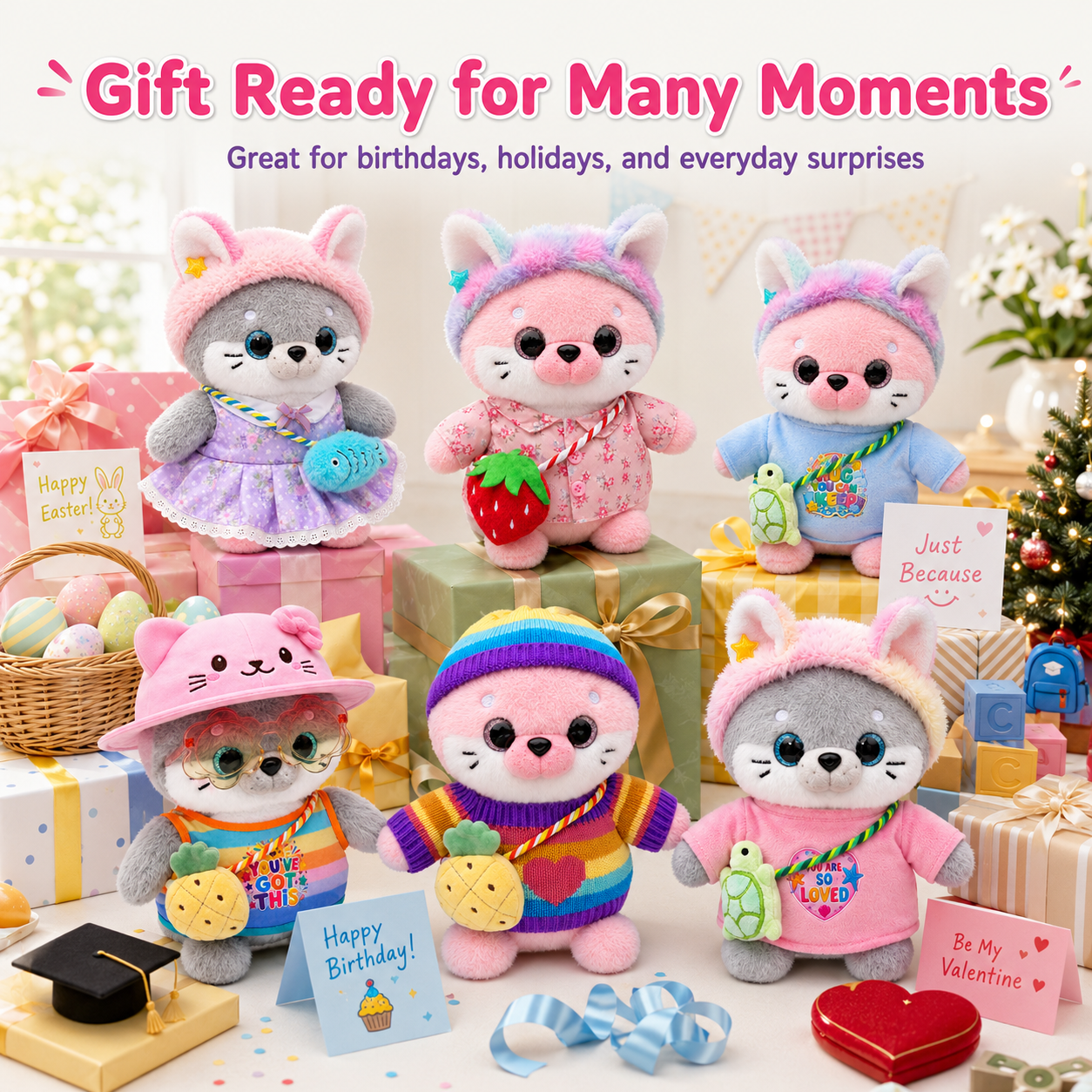 25cm Dress-Up Seal Plush Toy with Removable Clothes and Bags, 6 Styles Stuffed Animal with Hats, Sweaters, Dresses and Accessories, Cute Plush Gift for Birthday, Christmas and Room Decor