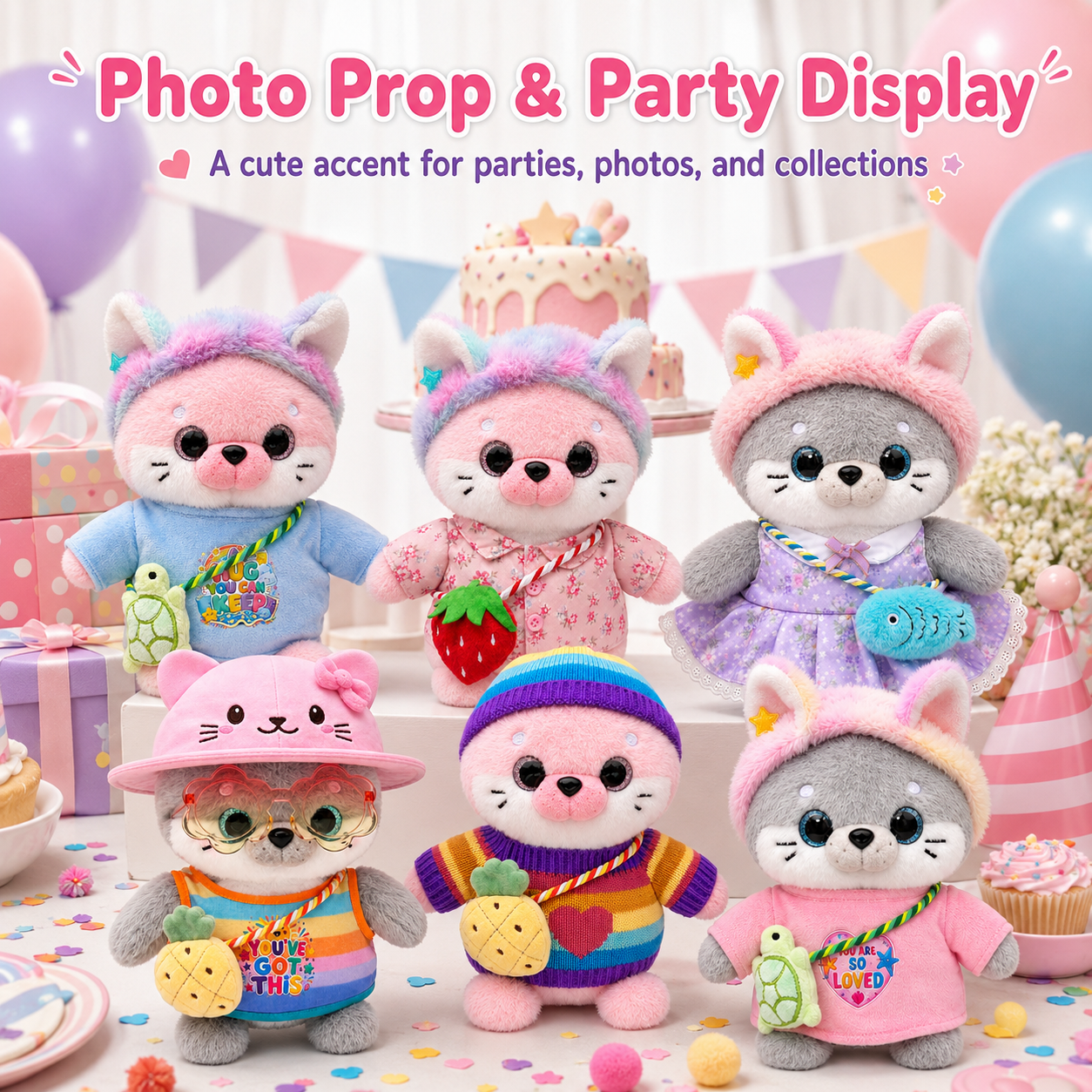 25cm Dress-Up Seal Plush Toy with Removable Clothes and Bags, 6 Styles Stuffed Animal with Hats, Sweaters, Dresses and Accessories, Cute Plush Gift for Birthday, Christmas and Room Decor
