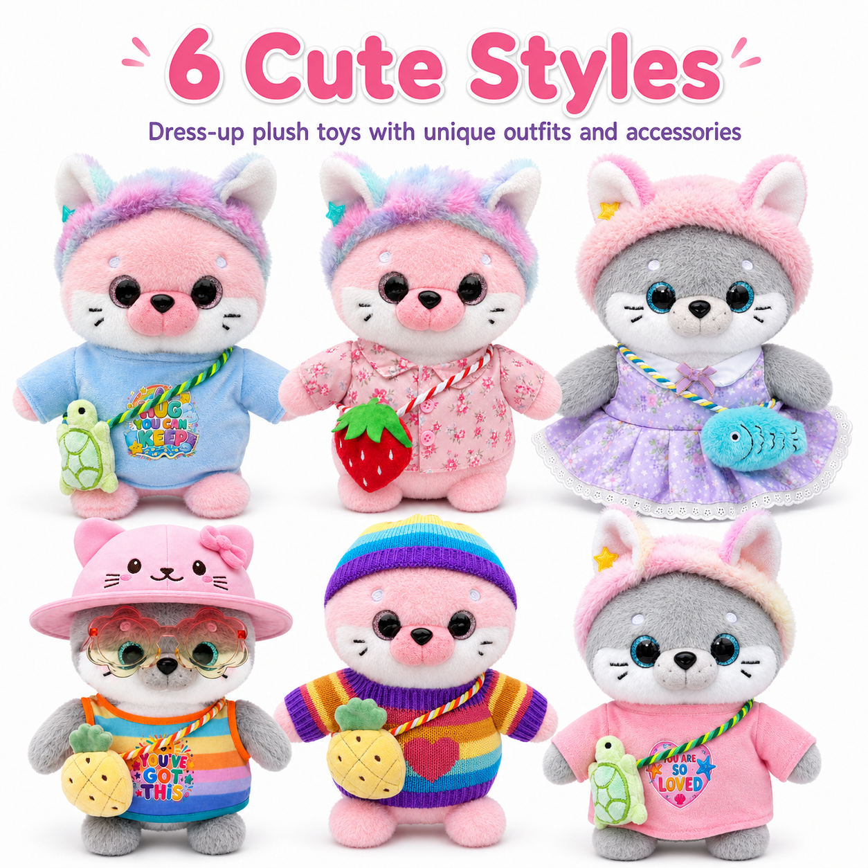 25cm Dress-Up Seal Plush Toy with Removable Clothes and Bags, 6 Styles Stuffed Animal with Hats, Sweaters, Dresses and Accessories, Cute Plush Gift for Birthday, Christmas and Room Decor