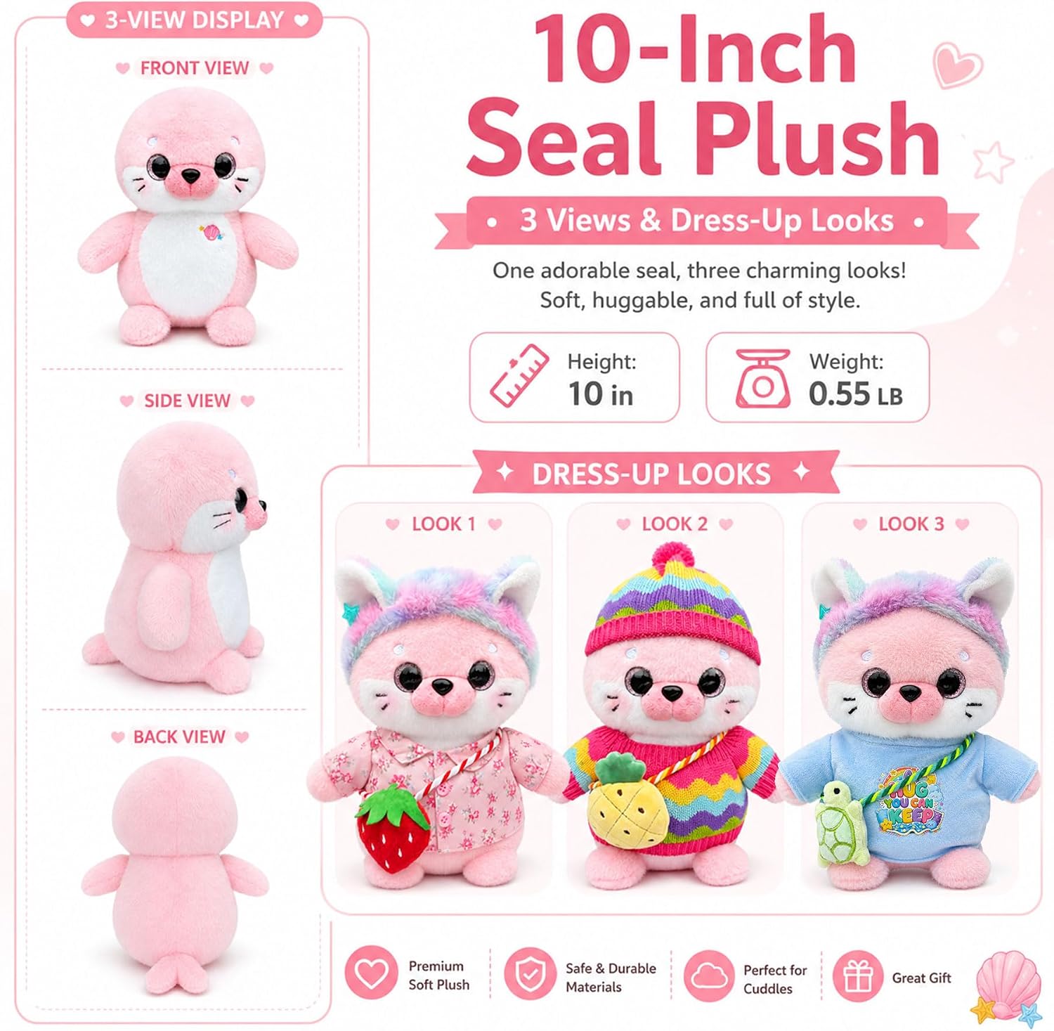 KUMANEKO 10-Inch Pink Seal Plush Dress-Up Gift Set with 8 Accessories
