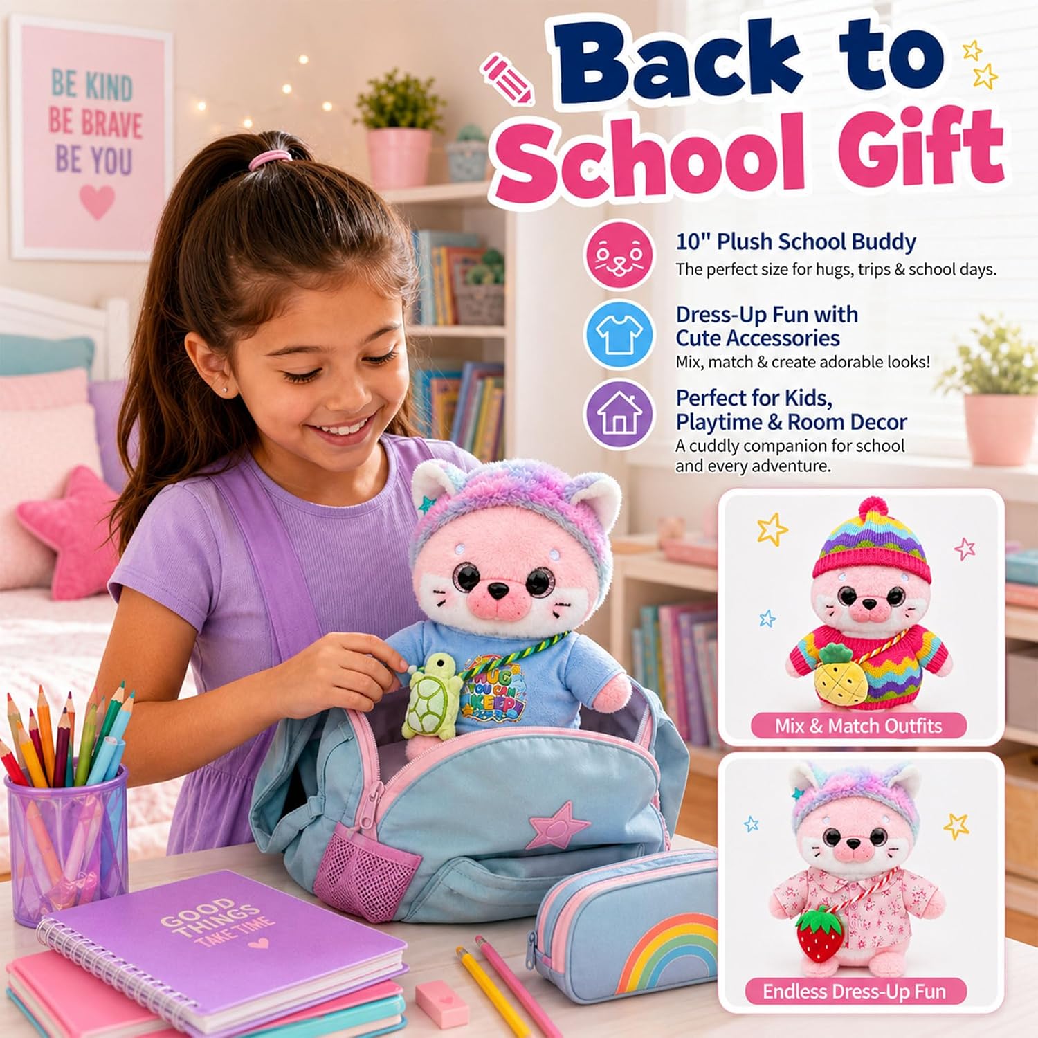 KUMANEKO 10-Inch Pink Seal Plush Dress-Up Gift Set with 8 Accessories