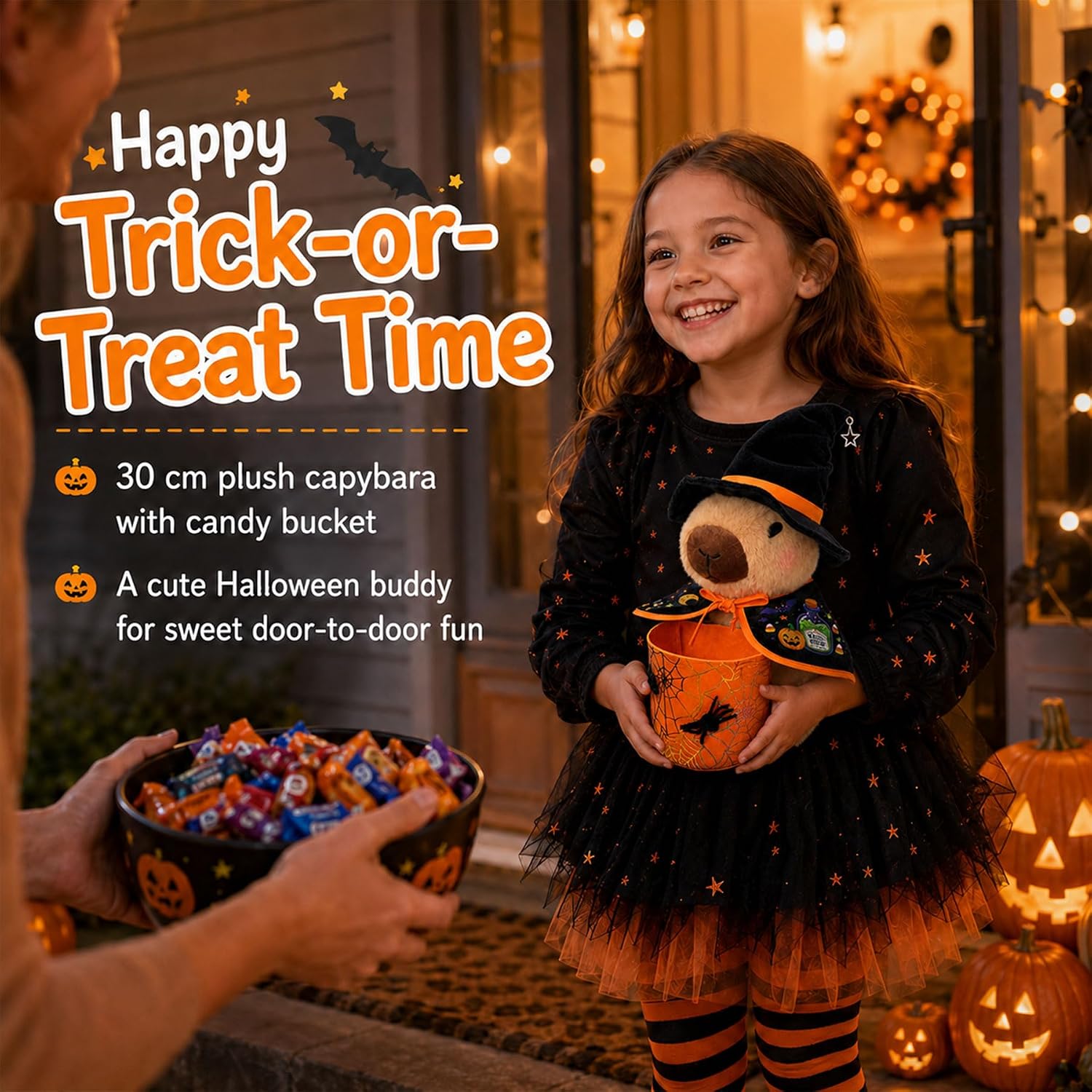 KUMANEKO Halloween Capybara Plush with Witch Costume & Candy Holder – 13.8 Inch