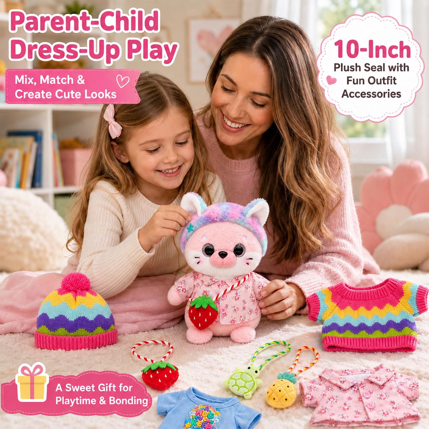 KUMANEKO 10-Inch Pink Seal Plush Dress-Up Gift Set with 8 Accessories