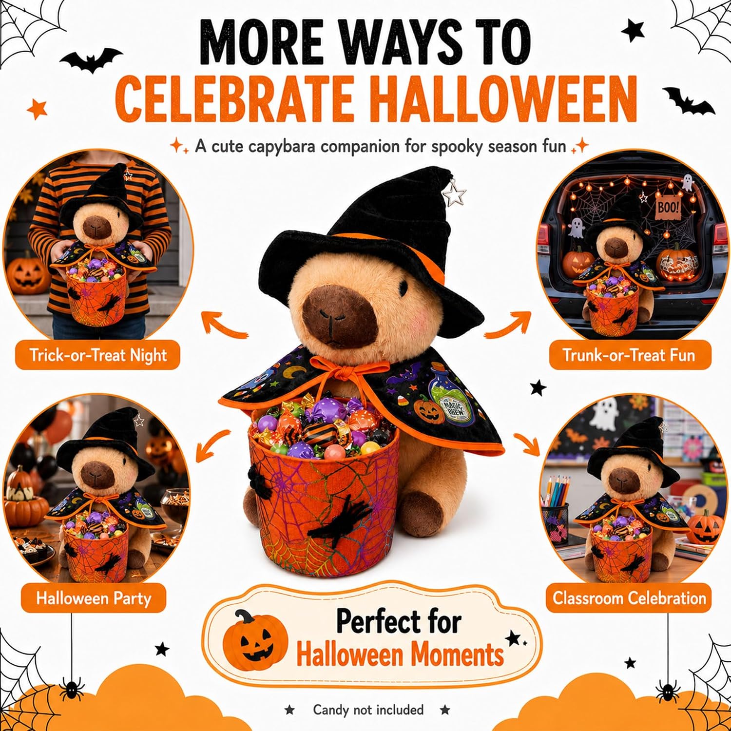 KUMANEKO Halloween Capybara Plush with Witch Costume & Candy Holder – 13.8 Inch