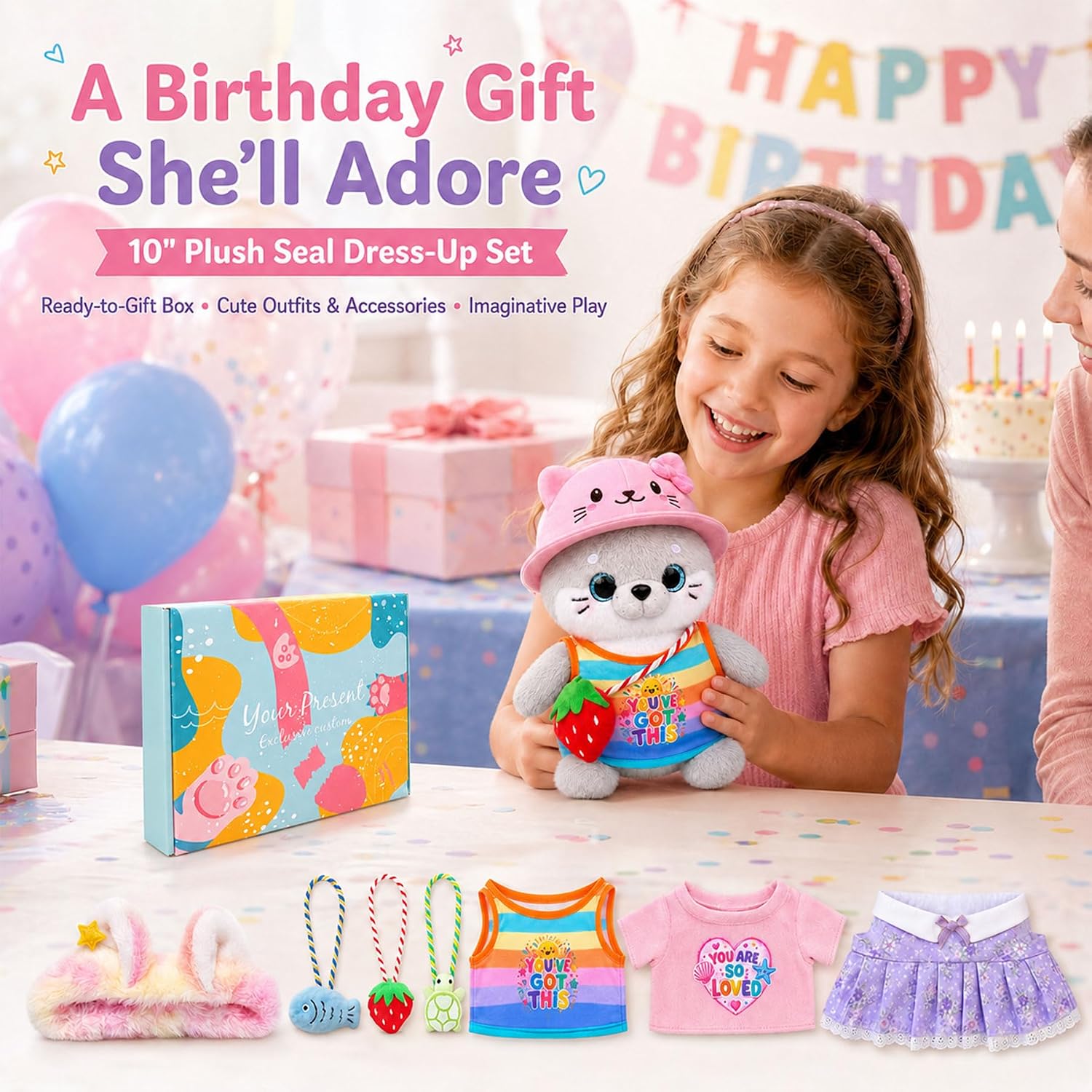 KUMANEKO 10-Inch Seal Plush Dress-Up Gift Set with 8 Accessories