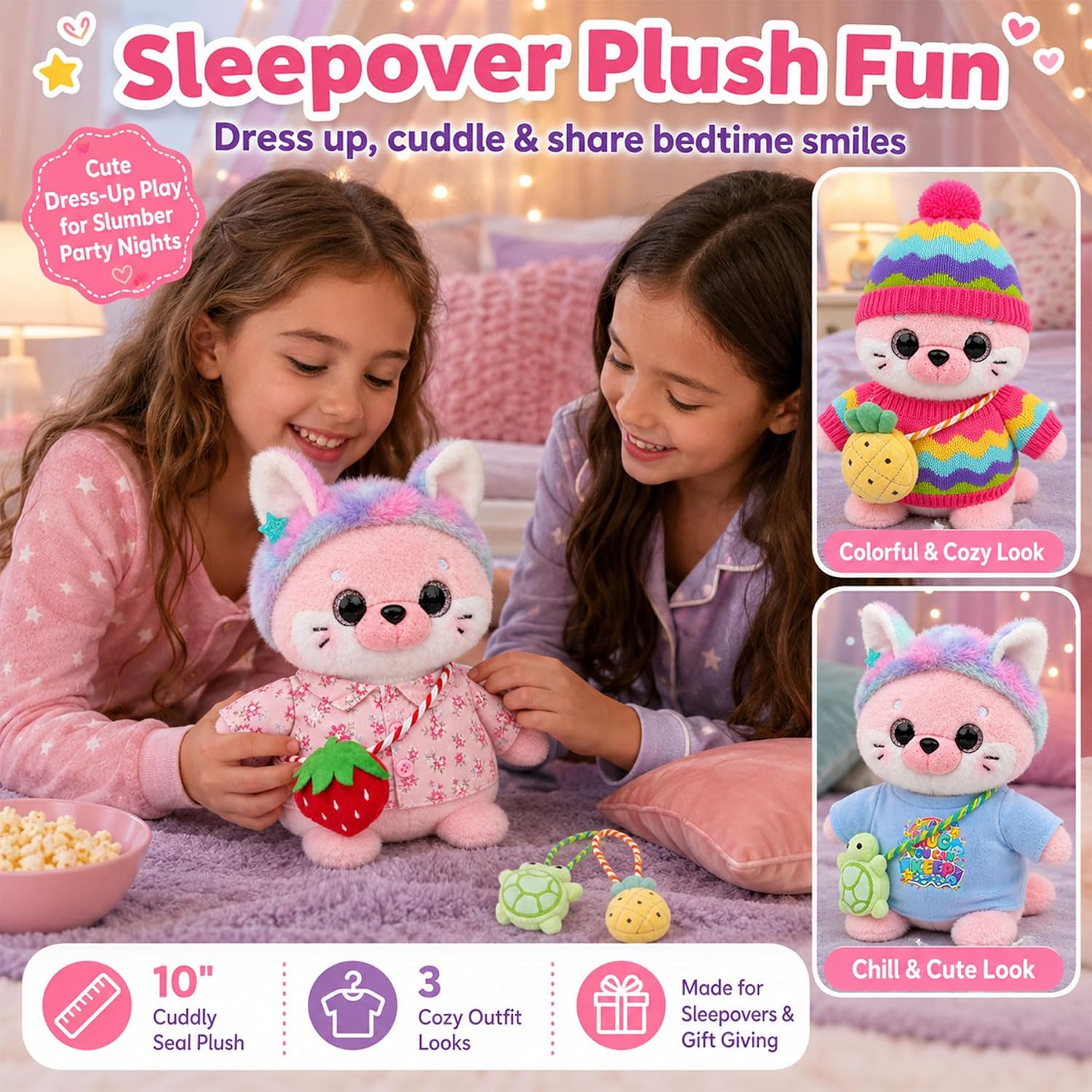 KUMANEKO 10-Inch Pink Seal Plush Dress-Up Gift Set with 8 Accessories