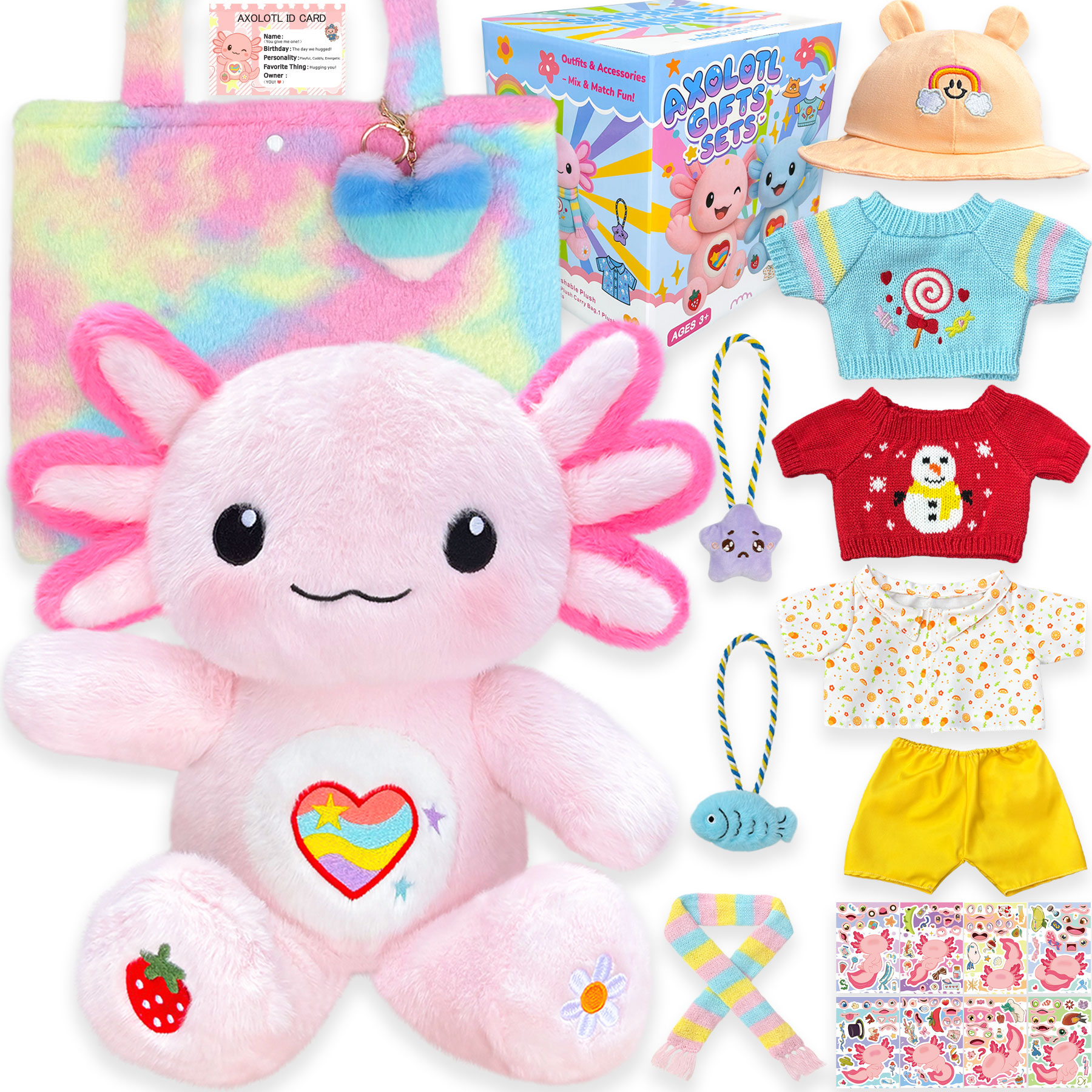 KUMANEKO Cute Axolotl Plush Gift Set with 12 Pcs Axolotl Stuffed Animal Clothes & Accessories, 13-Inch Axolotl Toy, Birthday/Graduation Gifts for 3/4/5/6/7/8/9/10/11/12 Girls Kids