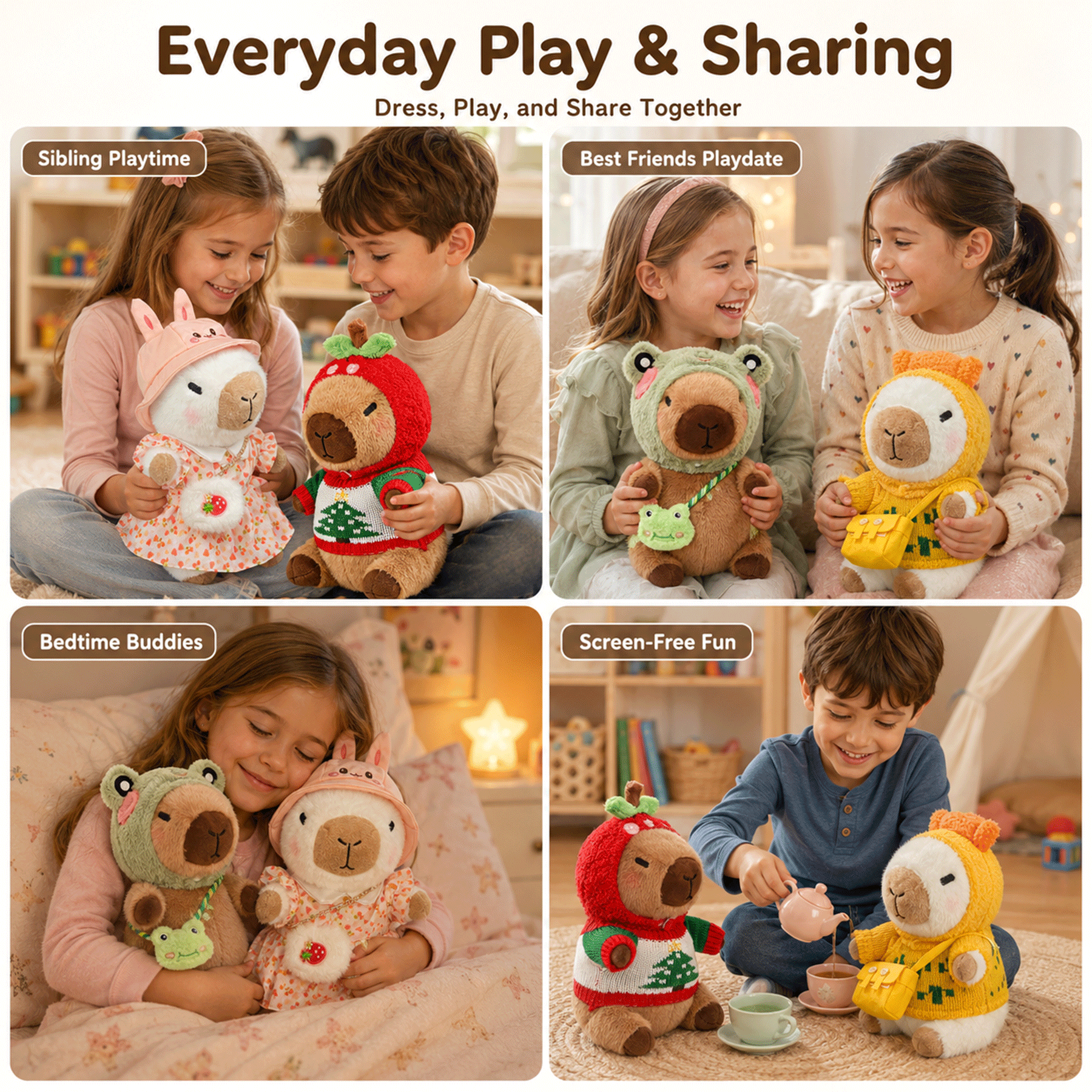 KUMANEKO Capybara Plush Set with 13 Dress Up Accessories, 2 Pack 25cm Capybara Stuffed Animals with Mini Clothes, Hats and Bags, Cute Plush Toy Gift