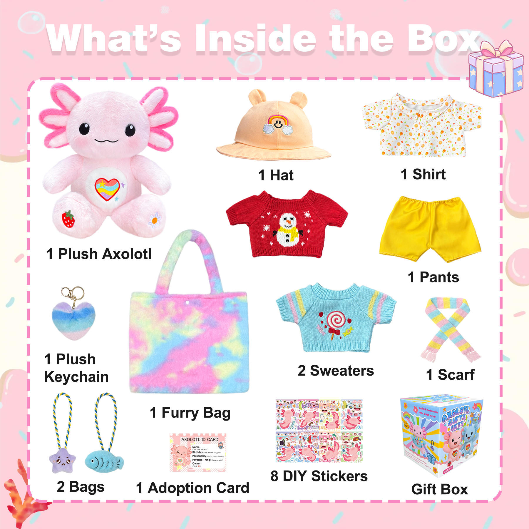 KUMANEKO Cute Axolotl Plush Gift Set with 12 Pcs Axolotl Stuffed Animal Clothes & Accessories, 13-Inch Axolotl Toy, Birthday/Graduation Gifts for 3/4/5/6/7/8/9/10/11/12 Girls Kids