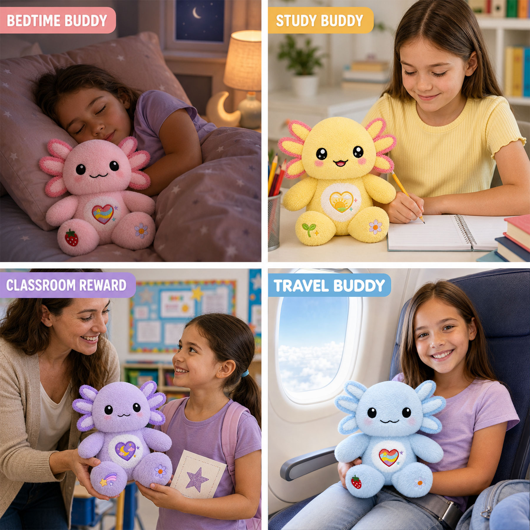 KUMANEKO Axolotl Plush Toy, 13-Inch Soft Stuffed Animal – Pink, Blue, Yellow & Purple