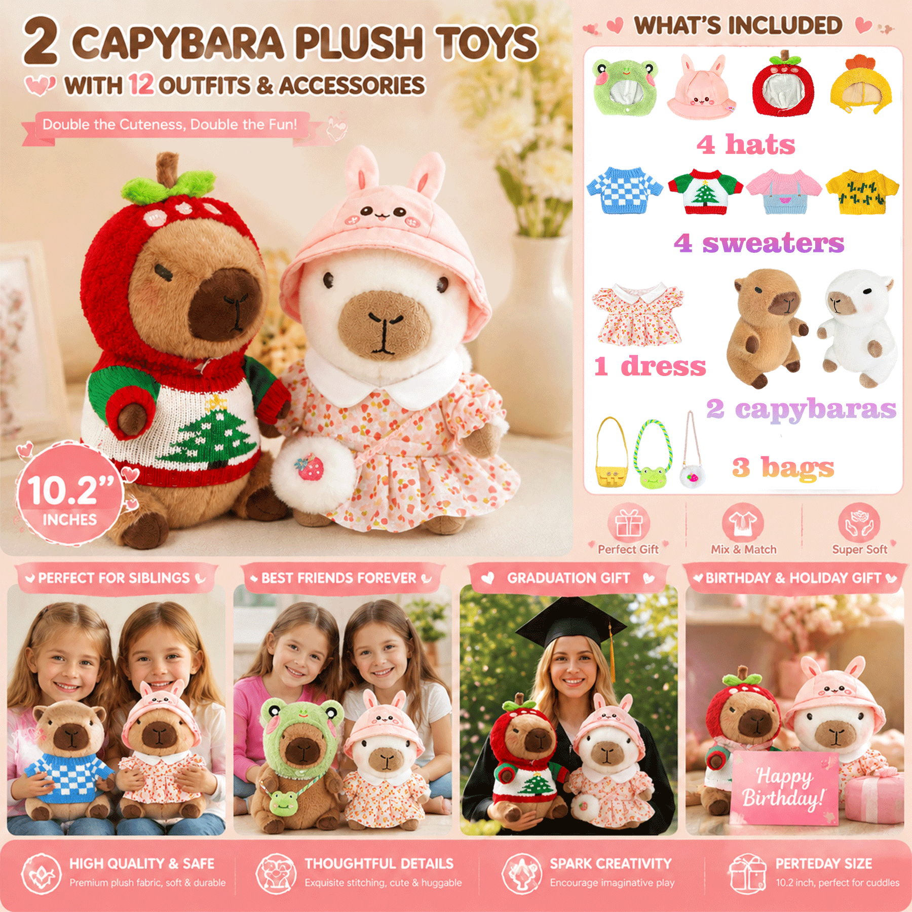 KUMANEKO Capybara Plush Set with 13 Dress Up Accessories, 2 Pack 25cm Capybara Stuffed Animals with Mini Clothes, Hats and Bags, Cute Plush Toy Gift
