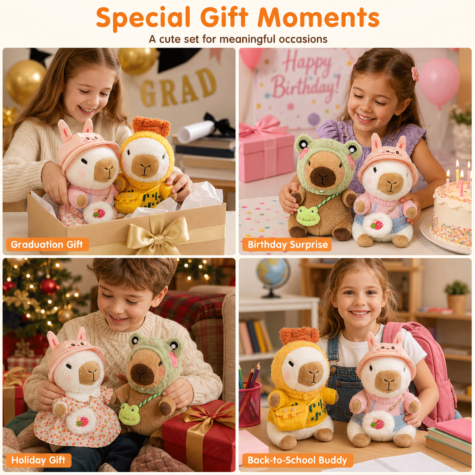 KUMANEKO Capybara Plush Set with 13 Dress Up Accessories, 2 Pack 25cm Capybara Stuffed Animals with Mini Clothes, Hats and Bags, Cute Plush Toy Gift