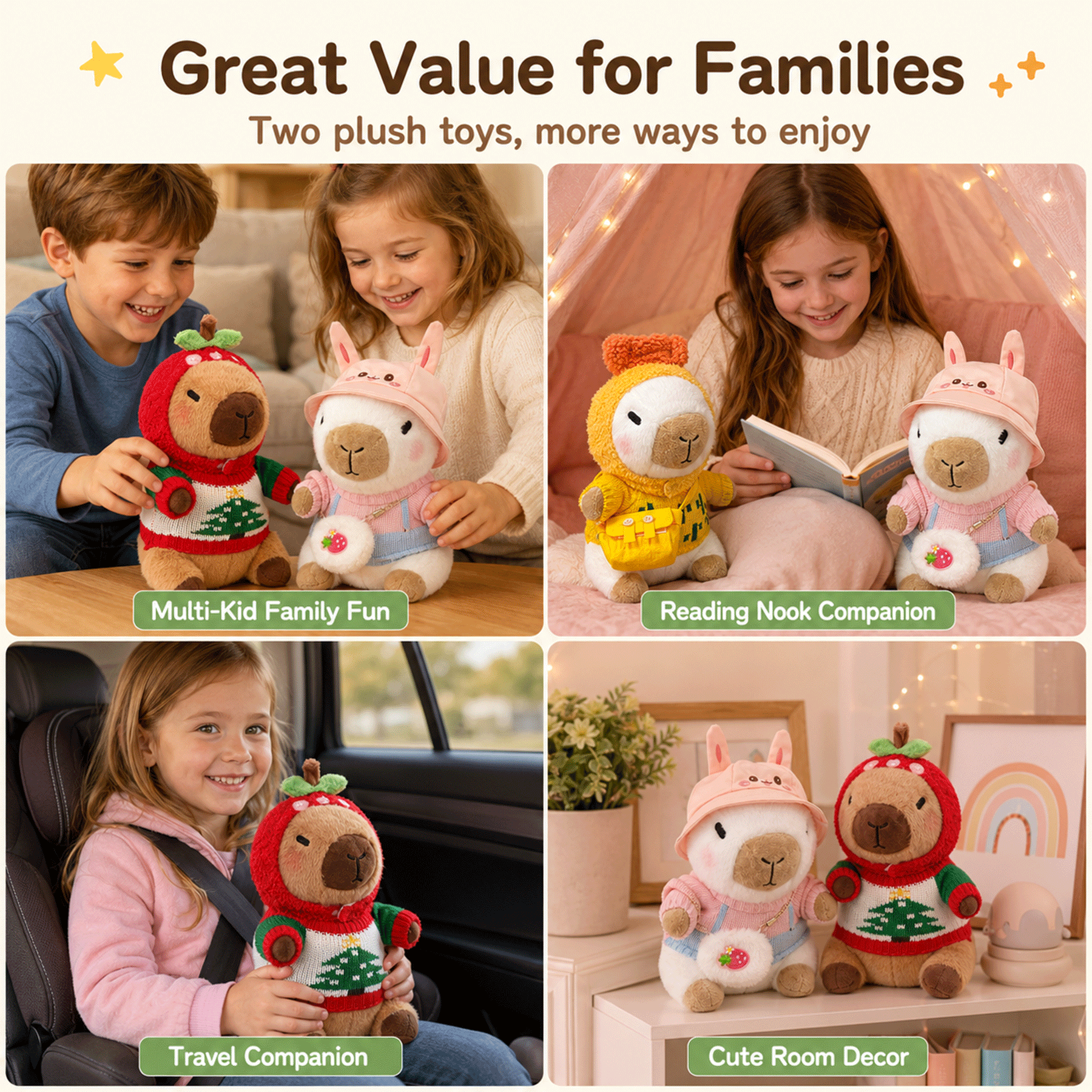KUMANEKO Capybara Plush Set with 13 Dress Up Accessories, 2 Pack 25cm Capybara Stuffed Animals with Mini Clothes, Hats and Bags, Cute Plush Toy Gift