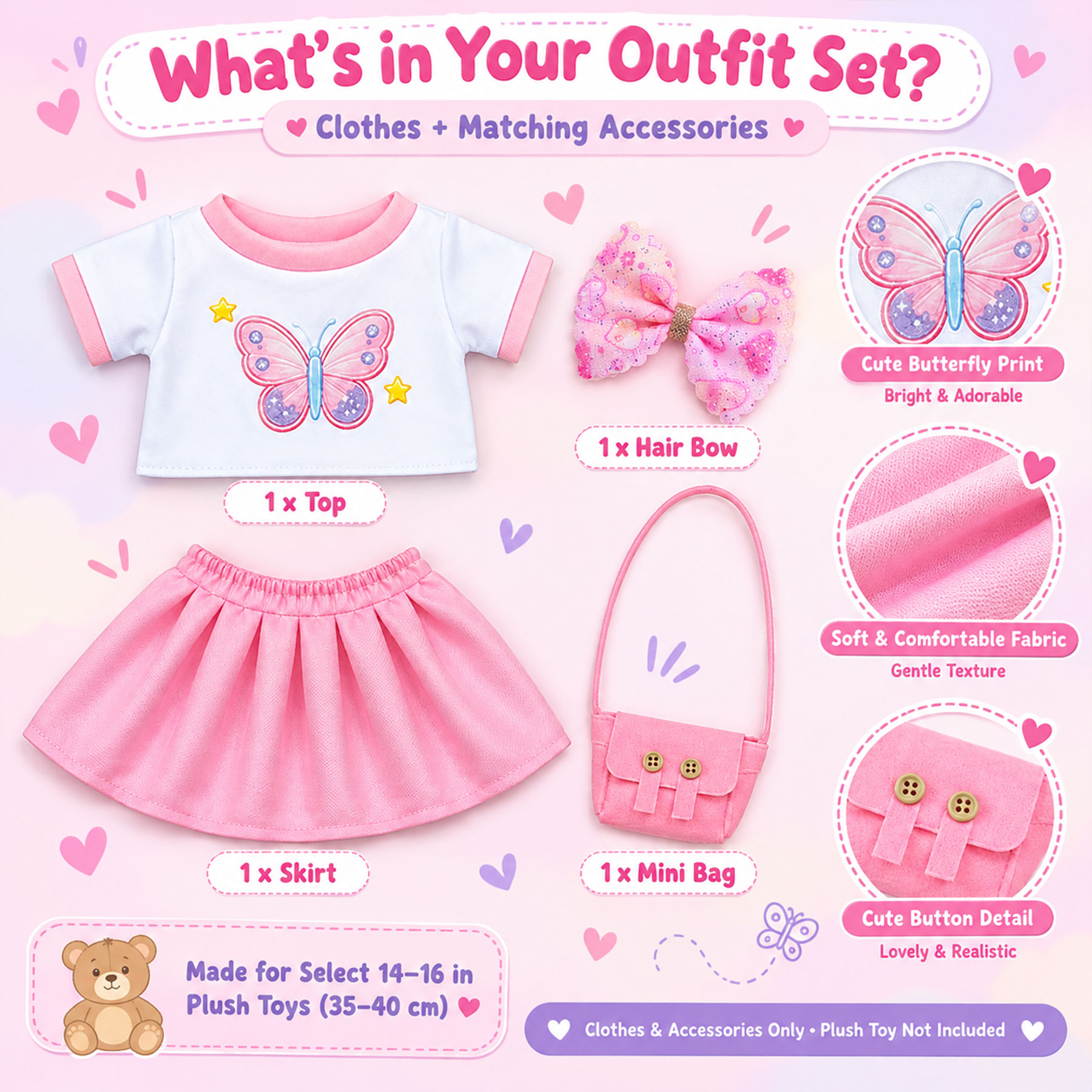 KUMANEKO Stuffed Animal Clothes & Accessories for 14-16 Inch Plush Toys