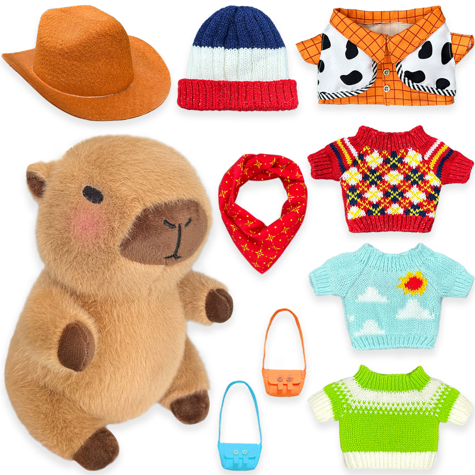 Capybara Plush with 9 Clothes & Accessories, 10.2 in Dress Up Capybara Stuffed Animal, Cute Plush Toy Gift for Kids, Birthday, Graduation Gifts, Classroom Prizes