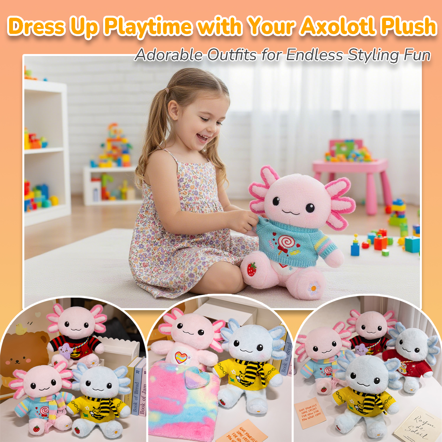 KUMANEKO Cute Axolotl Plush Gift Set with 12 Pcs Axolotl Stuffed Animal Clothes & Accessories, 13-Inch Axolotl Toy, Birthday/Graduation Gifts for 3/4/5/6/7/8/9/10/11/12 Girls Kids