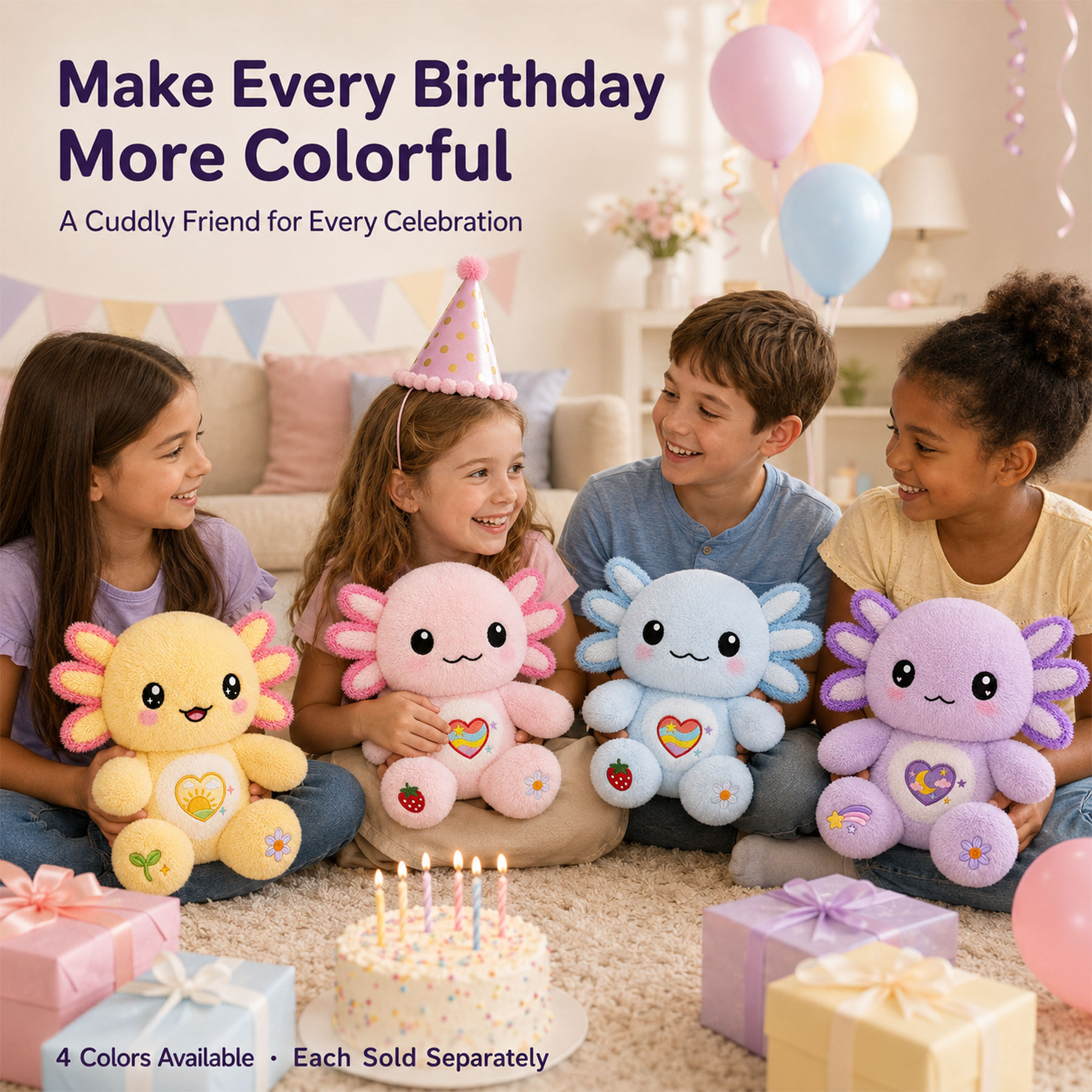 KUMANEKO Axolotl Plush Toy, 13-Inch Soft Stuffed Animal – Pink, Blue, Yellow & Purple