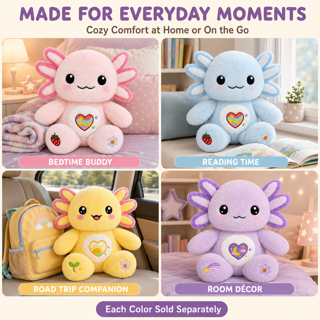 KUMANEKO Axolotl Plush Toy, 13-Inch Soft Stuffed Animal – Pink, Blue, Yellow & Purple