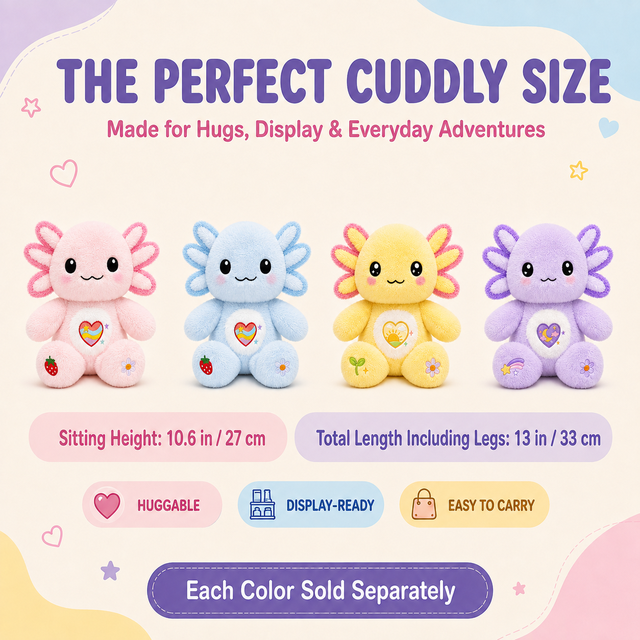 KUMANEKO Axolotl Plush Toy, 13-Inch Soft Stuffed Animal – Pink, Blue, Yellow & Purple