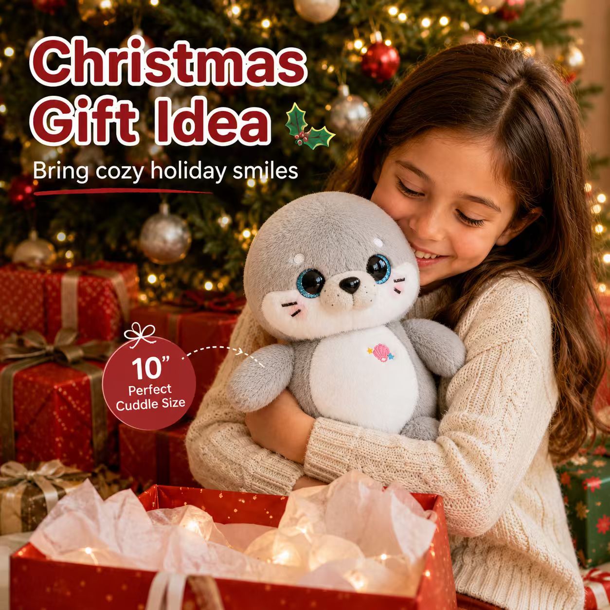 Gray Seal Plush Toy, 9.8 Inch Soft Round Seal Stuffed Animal, Birthday, Christmas, Easter, Graduation & Valentine’s Day Gift, Cozy Bed & Desk Decor, Ocean Animal Plush for Kids and Collectors