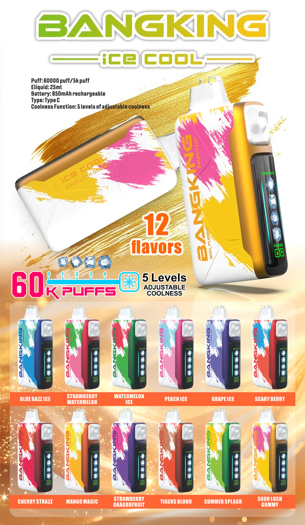 Bang King Ice Cool 60000 Puffs 60K Adjustable Coolness Disposable Vape 14 Promotional Image For Bang King Ice Cool 60000 Puffs, Showcasing The Product'S Features Like 60,000 Puffs, 850Mah Rechargeable Battery, Adjustable Coolness, And 12 Different Flavors, With Colorful Vapes Displayed And Flavor Names Listed.