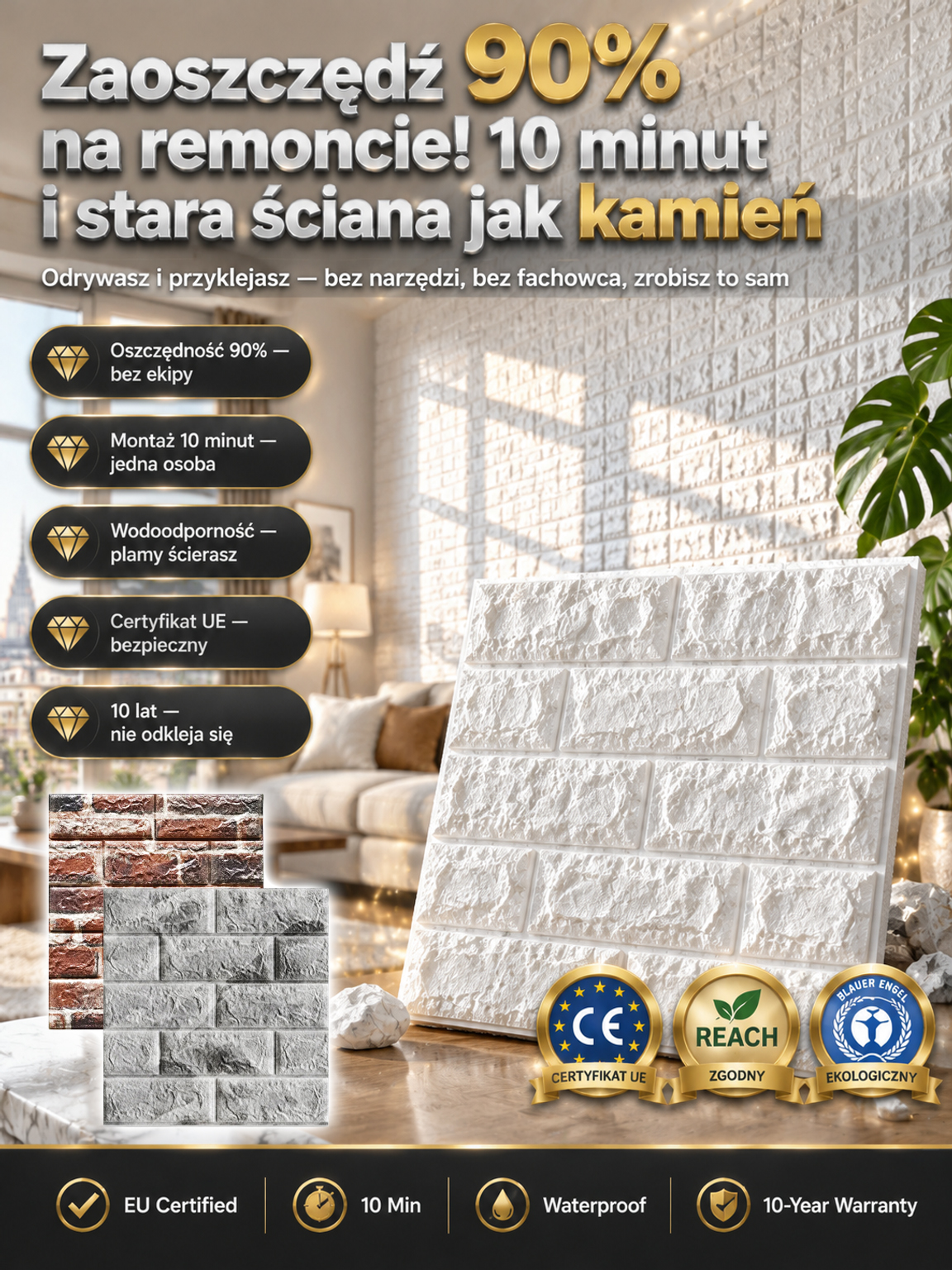 🧱 [Mega Promocja -50%] Samoprzylepne Panele Ścienne 3D Cegła • Wodoodporne i Zmywalne • Szybki Remont w 10 Minut!