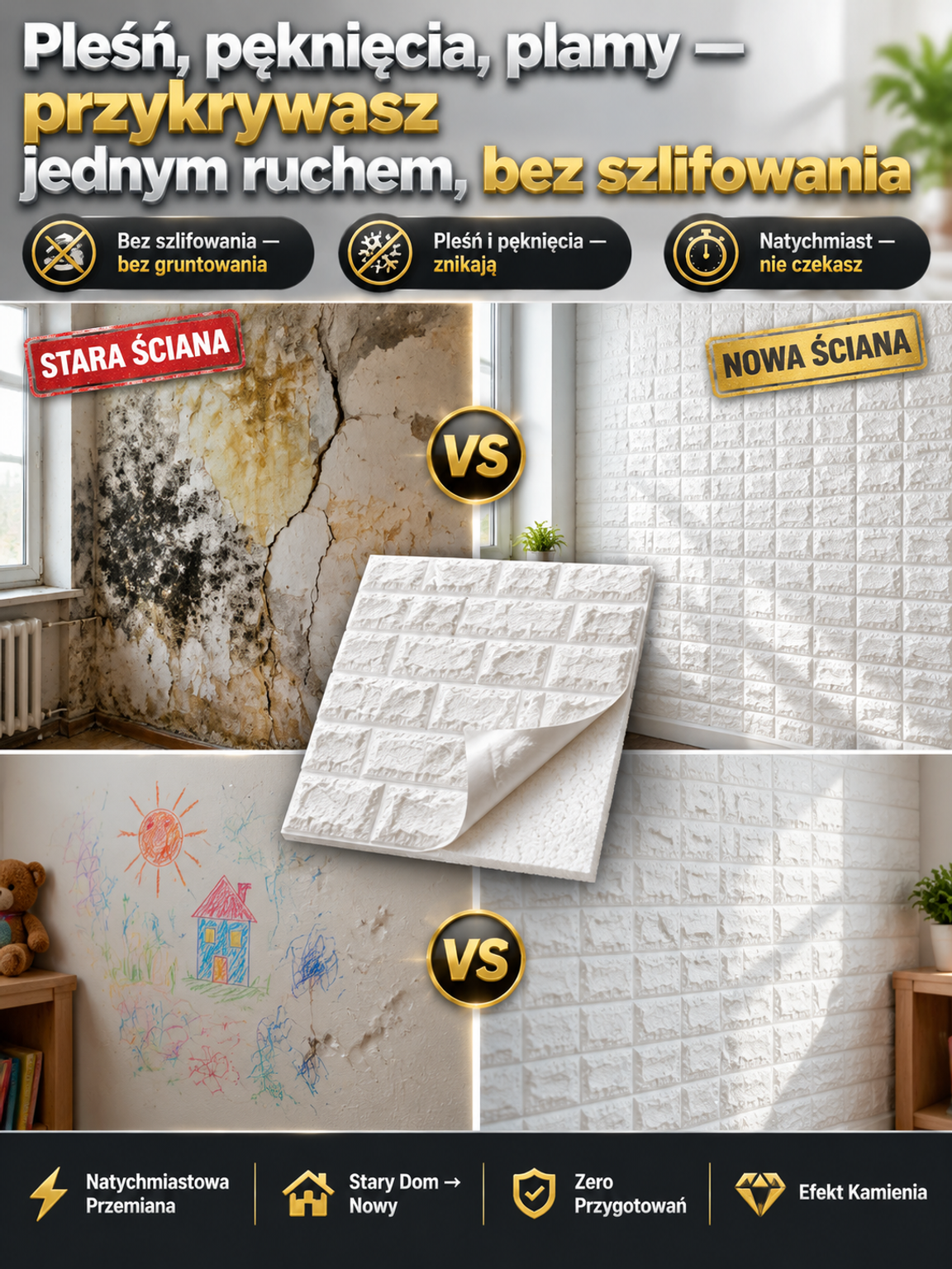 🧱 [Mega Promocja -50%] Samoprzylepne Panele Ścienne 3D Cegła • Wodoodporne i Zmywalne • Szybki Remont w 10 Minut!