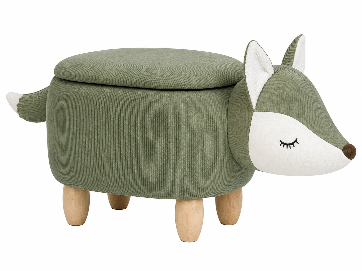 Taburete infantil verde con forma de zorro y almacenamiento integrado-novelvora