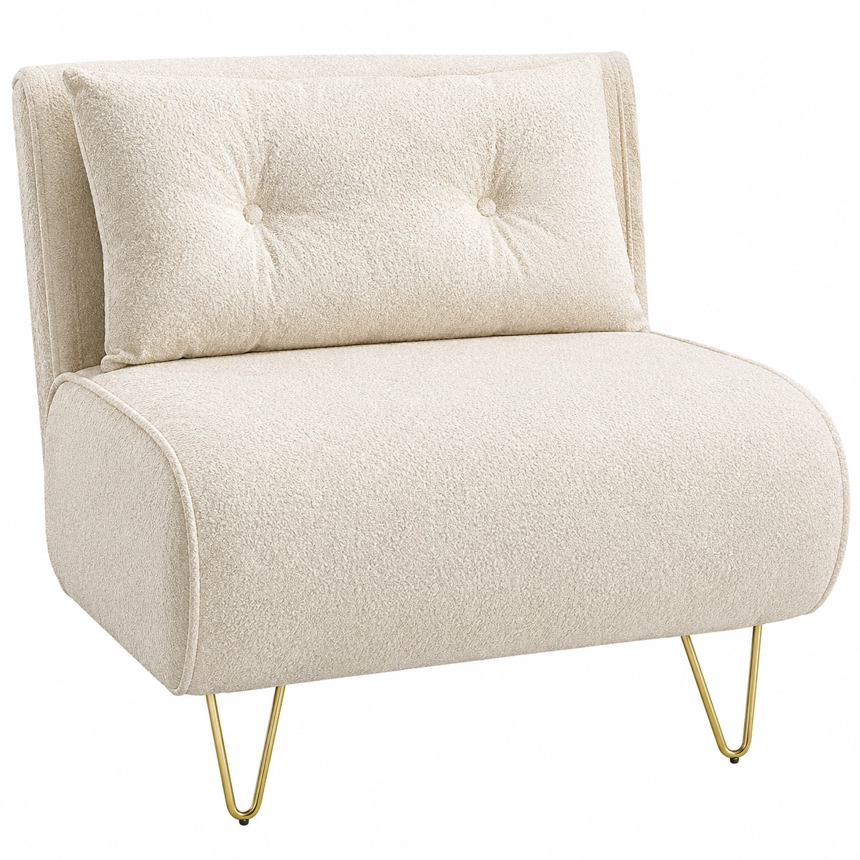 Sillon modular moderno tapizado de bouclé beige con patas metalicas doradas para dormitorio o salon-novelvora