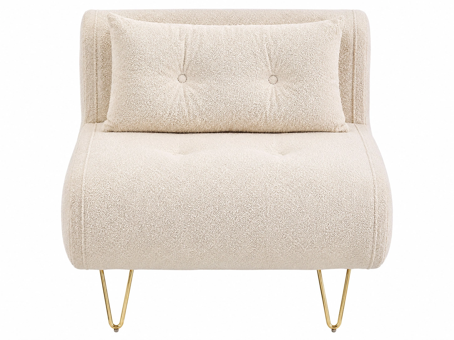 Sillon contemporaneo tapizado de bouclé beige con respaldo acolchado y patas doradas para salon moderno-novelvora