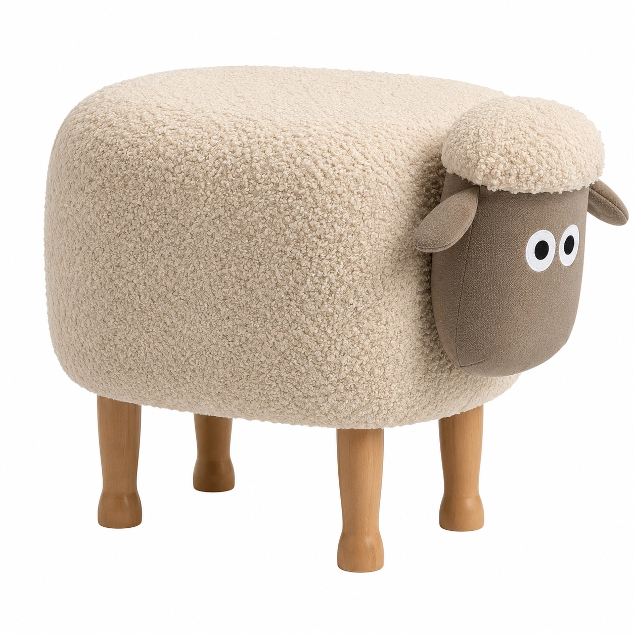 Taburete infantil rectangular de borrego suave con patas de madera y diseno de oveja-novelvora