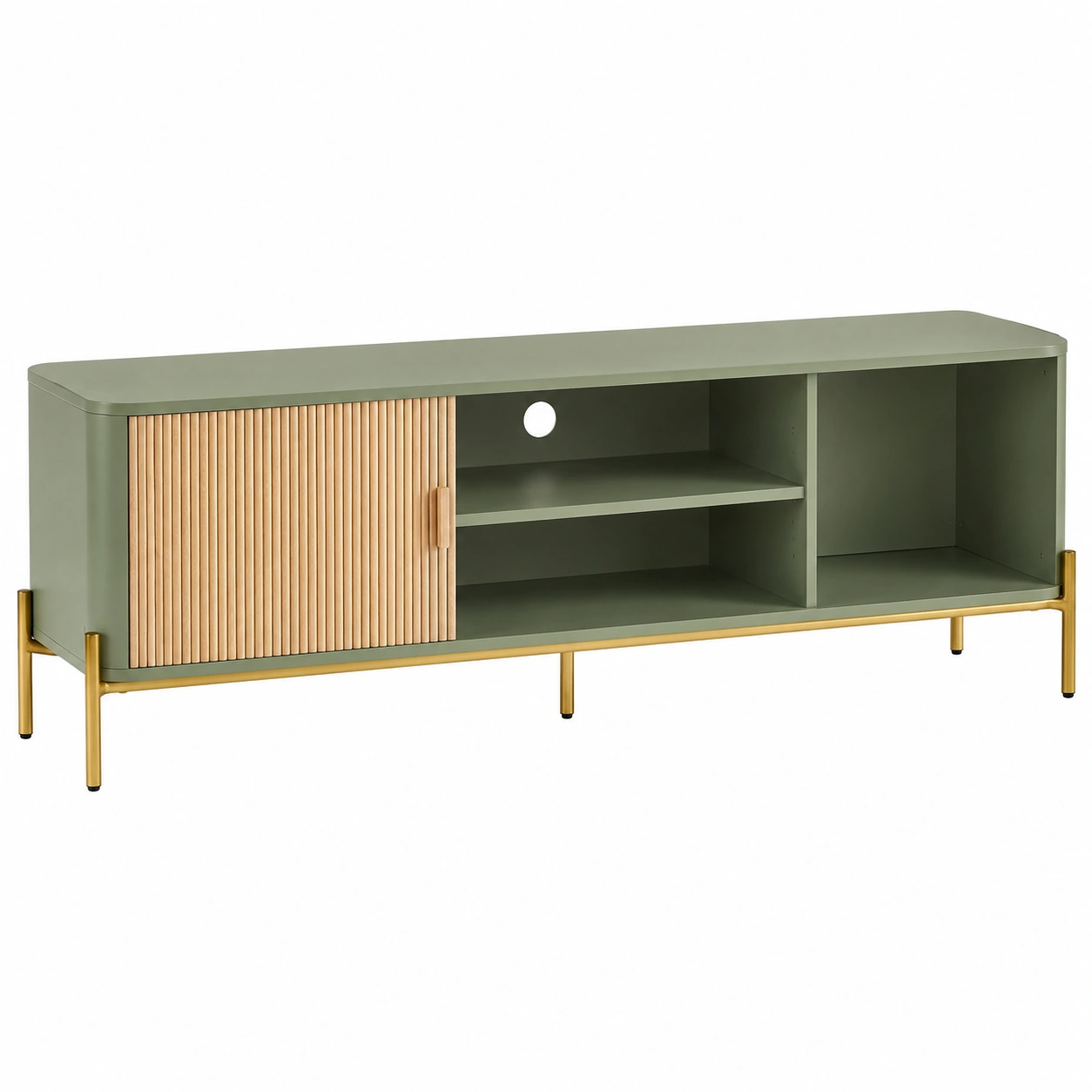 Mueble TV moderno verde con puerta corredera acanalada y estructura metalica-novelvora