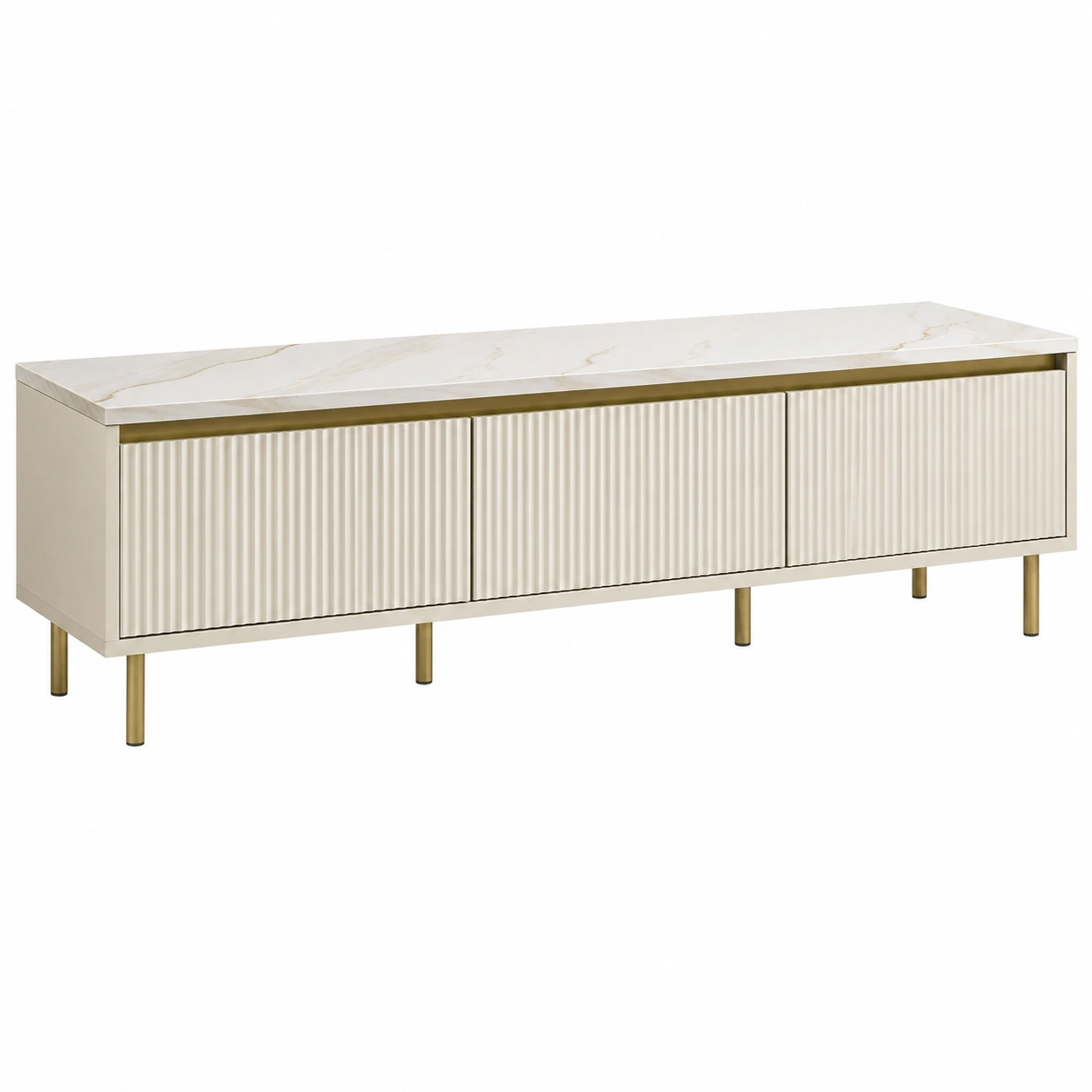 Mueble de television crema con puertas acanaladas, tapa efecto marmol y patas doradas-novelvora