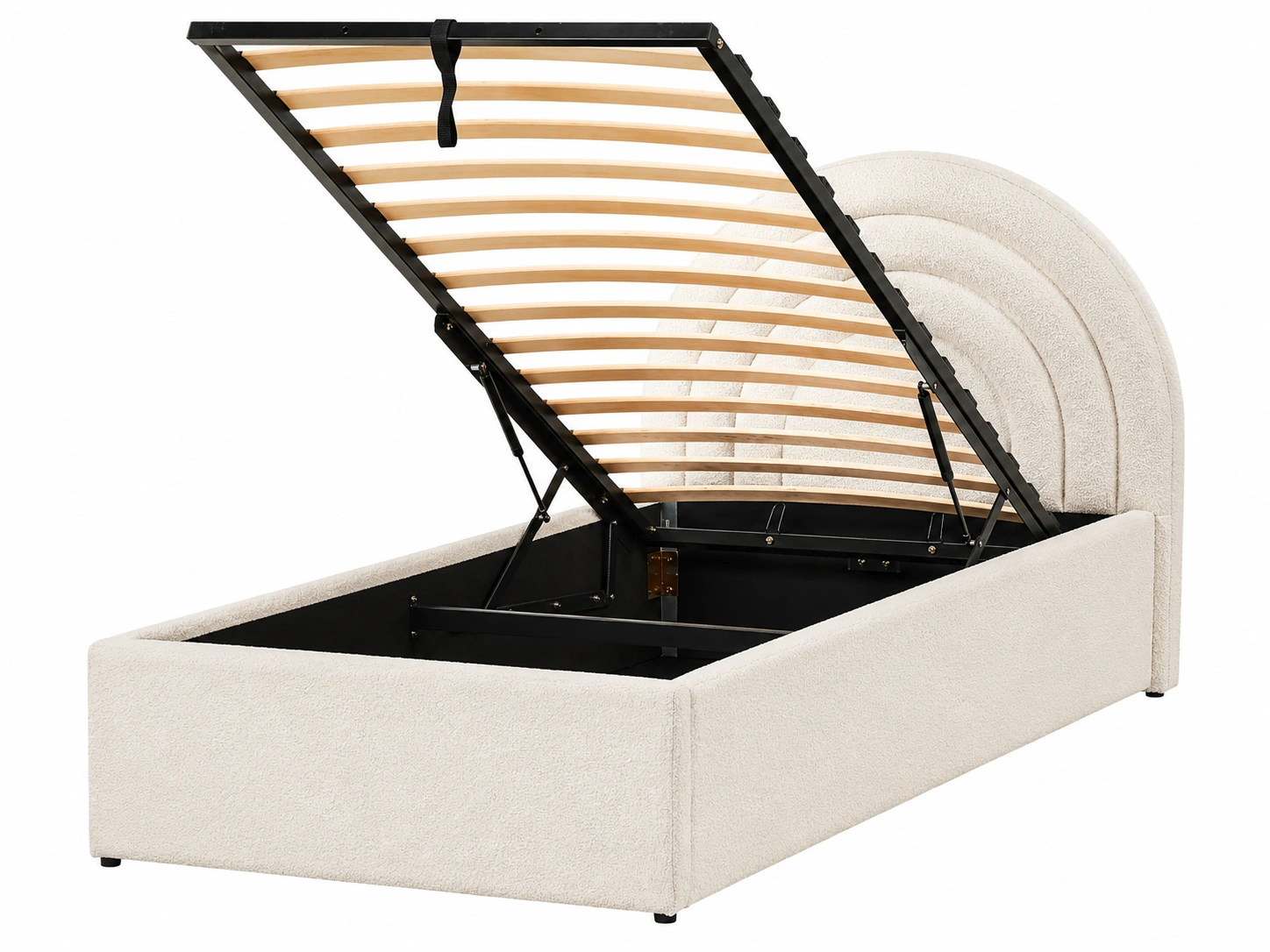 Cama individual tapizada en tela borreguito crema con cabecero curvo y almacenaje elevable-novelvora