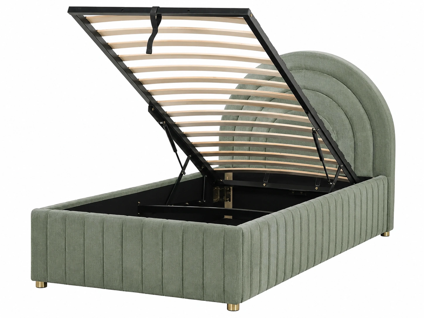 Cama individual tapizada en verde salvia con almacenaje abatible y cabecero arqueado acanalado-novelvora