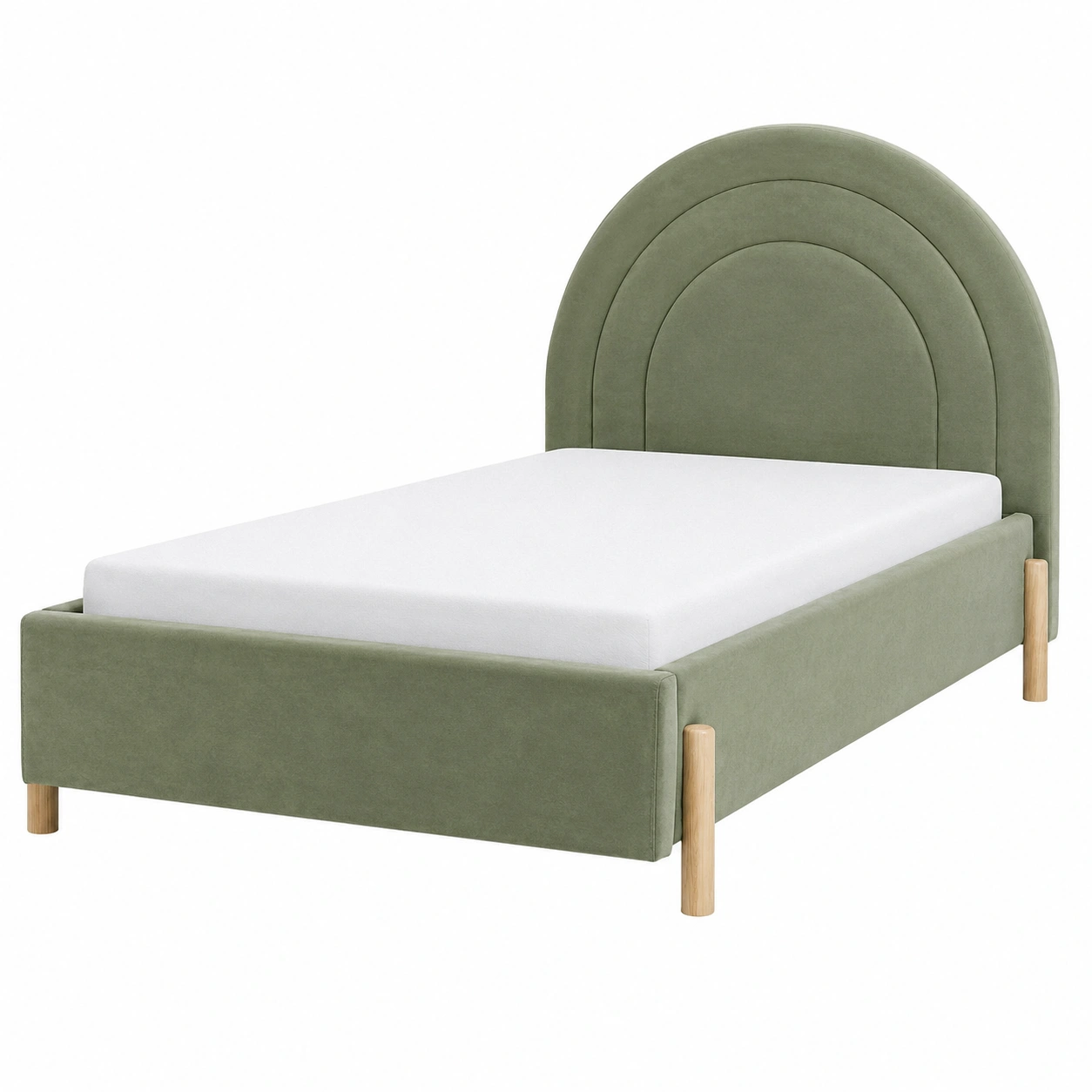 Cama individual tapizada en verde oliva con cabecero arqueado moderno y patas de madera clara-novelvora