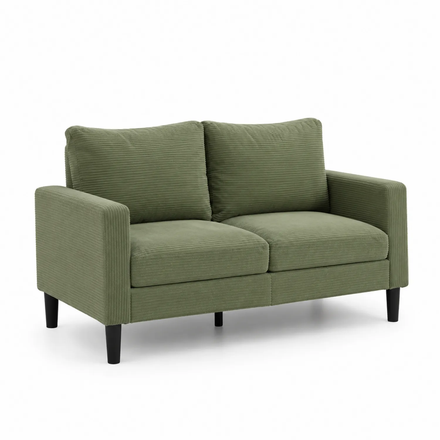 Dwuosobowa zielona sofa sztruksowa z drewnianymi nogami