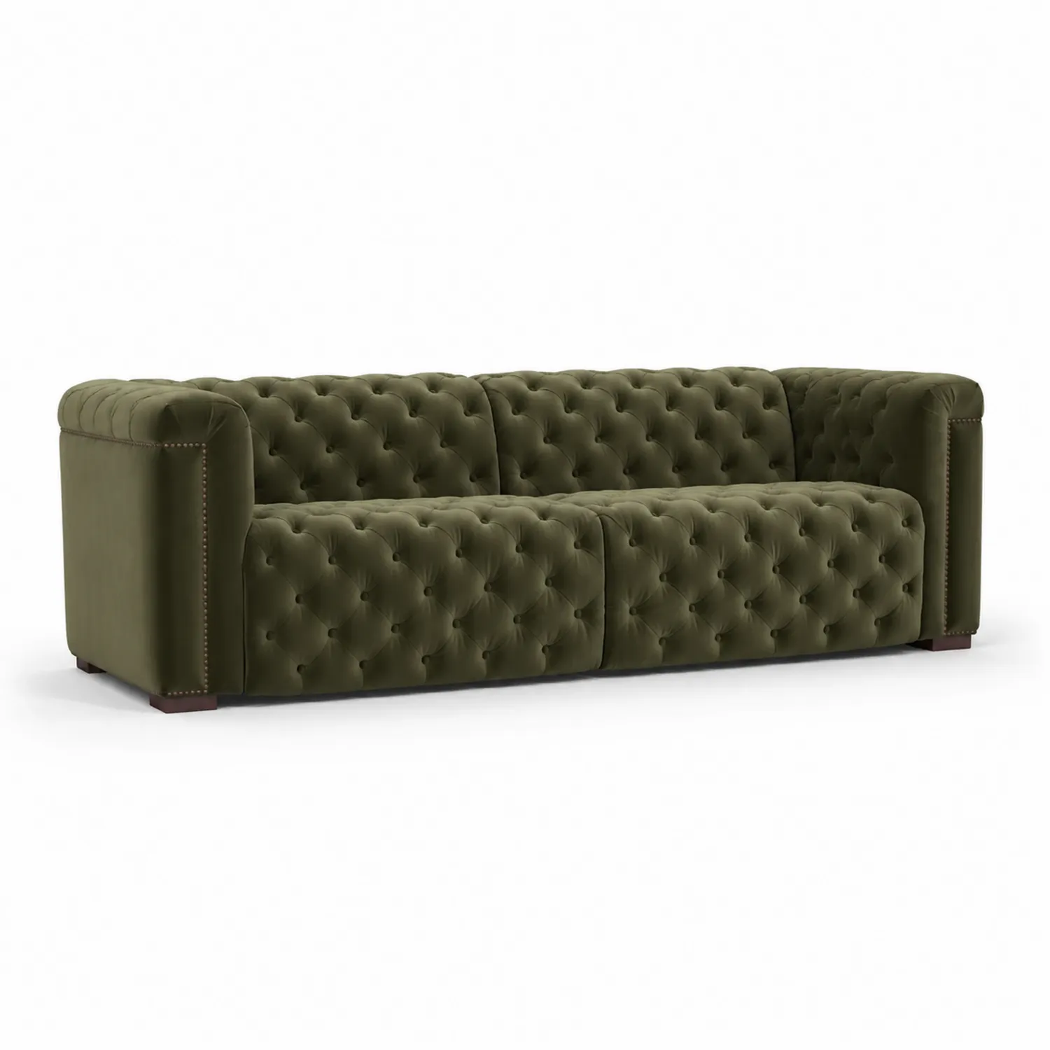 Kanapa Chesterfield Trzyosobowa Aksamitna Oliwkowy