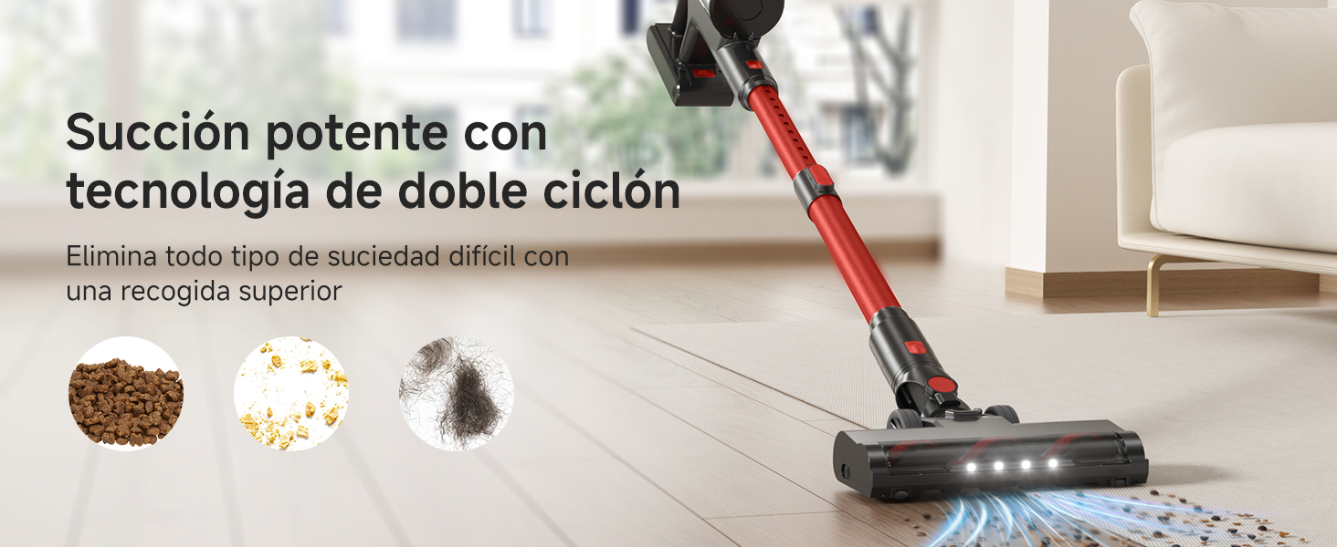 El texto dice «Aspiración potente con tecnología de doble ciclón». El aspirador de cocina se muestra en un hogar moderno con un diseño elegante y accesorios.