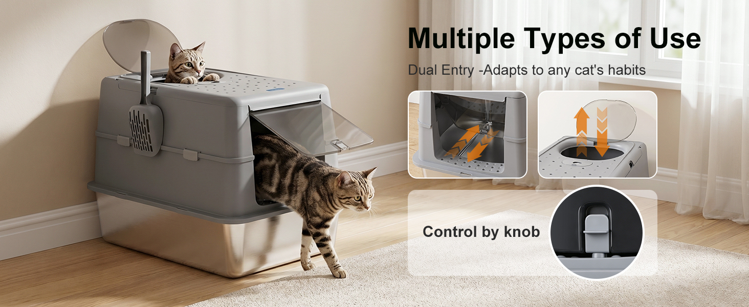 El texto dice «Múltiples tipos de uso». Aparato cilíndrico gris con un gato cerca y ambientación interior de una habitación. Detalle del panel de control visible, etiquetado como «Control mediante perilla».